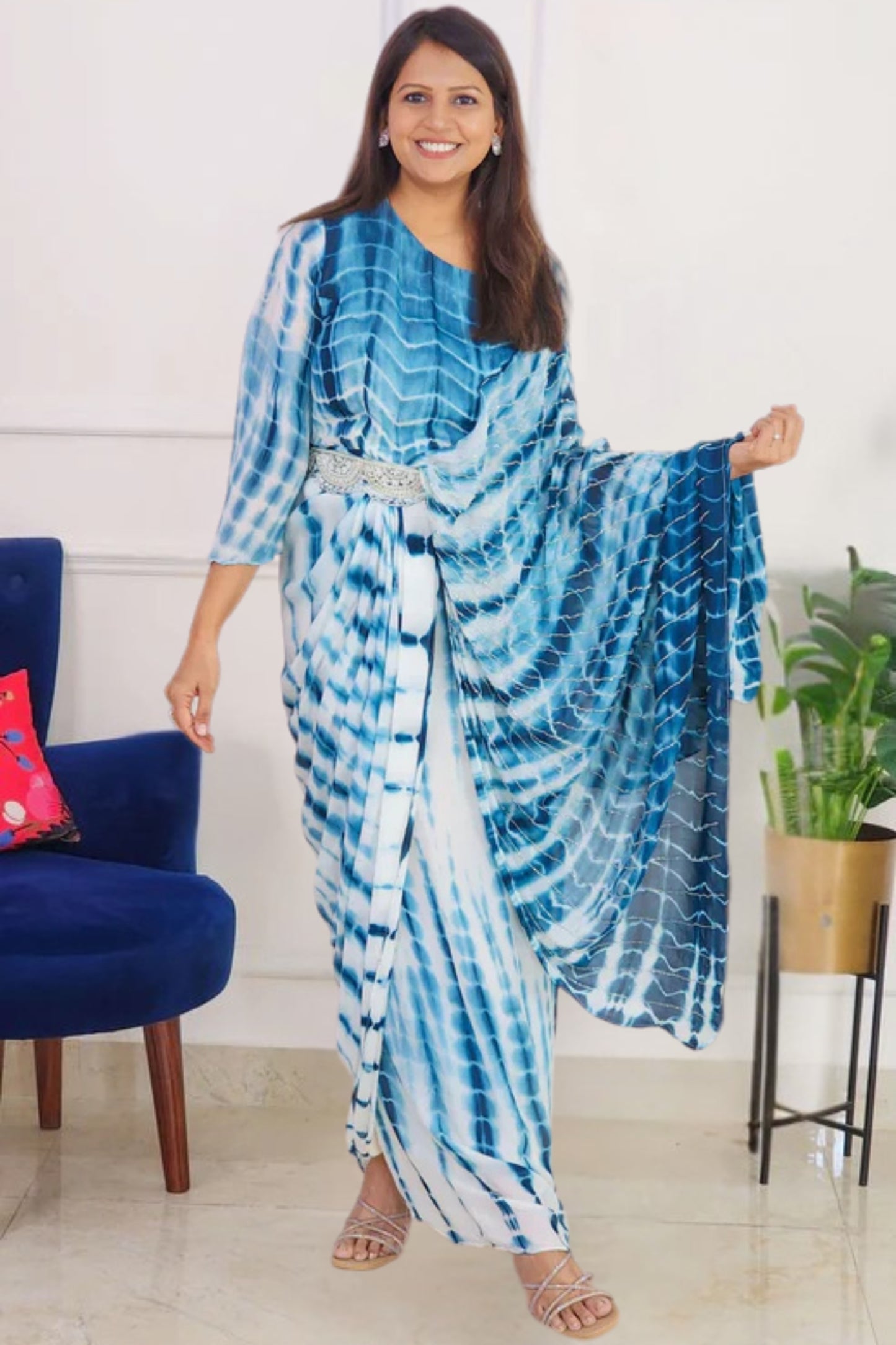 Blue Tie Dye One Side Cape Pattern with Belt