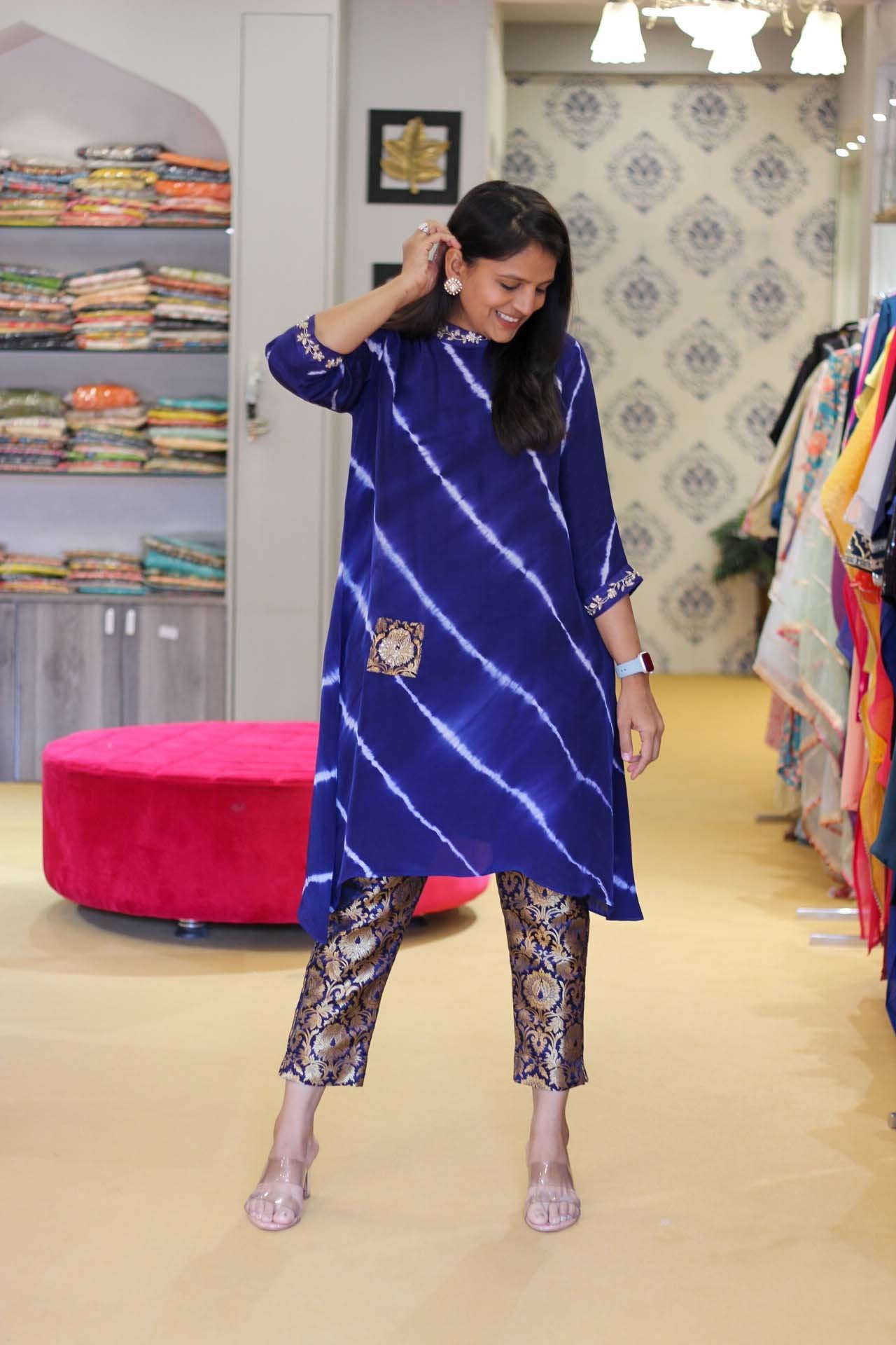 Blue Tie Dye Top with Banarasi Pants