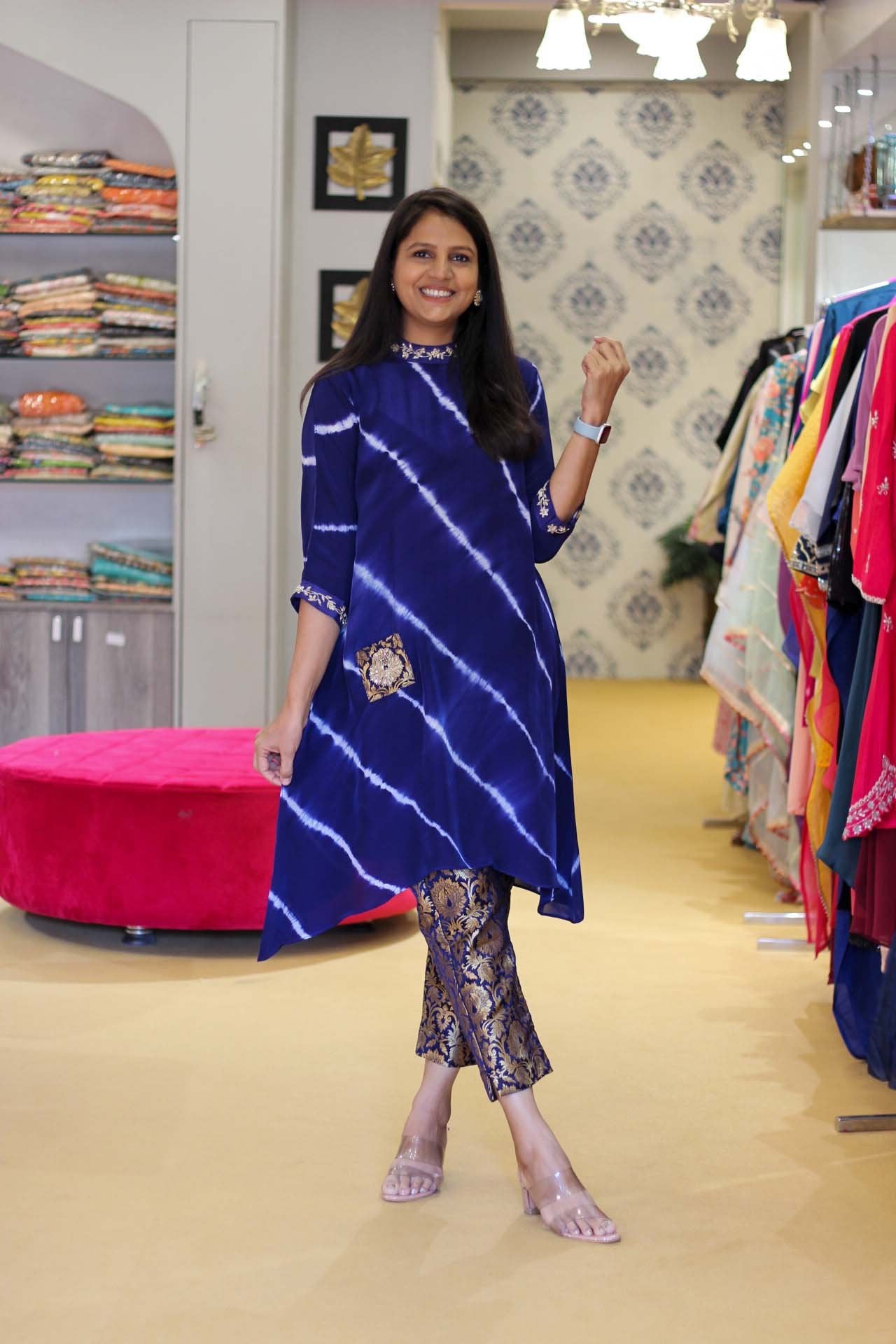 Blue Tie Dye Top with Banarasi Pants