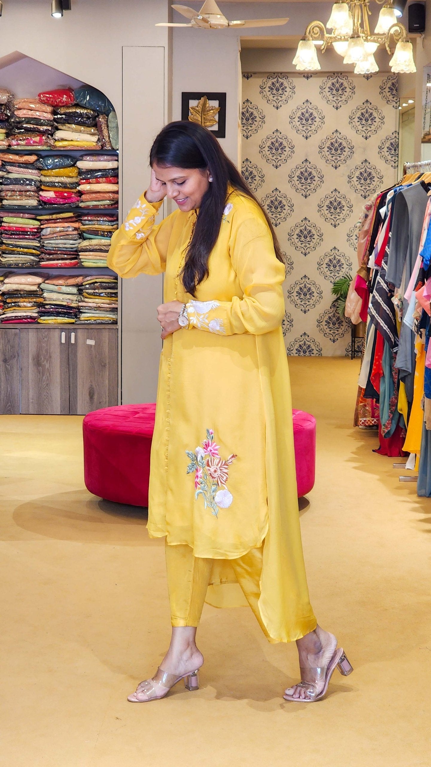 Yellow Hand Embroidered Organza Top and Pants Set