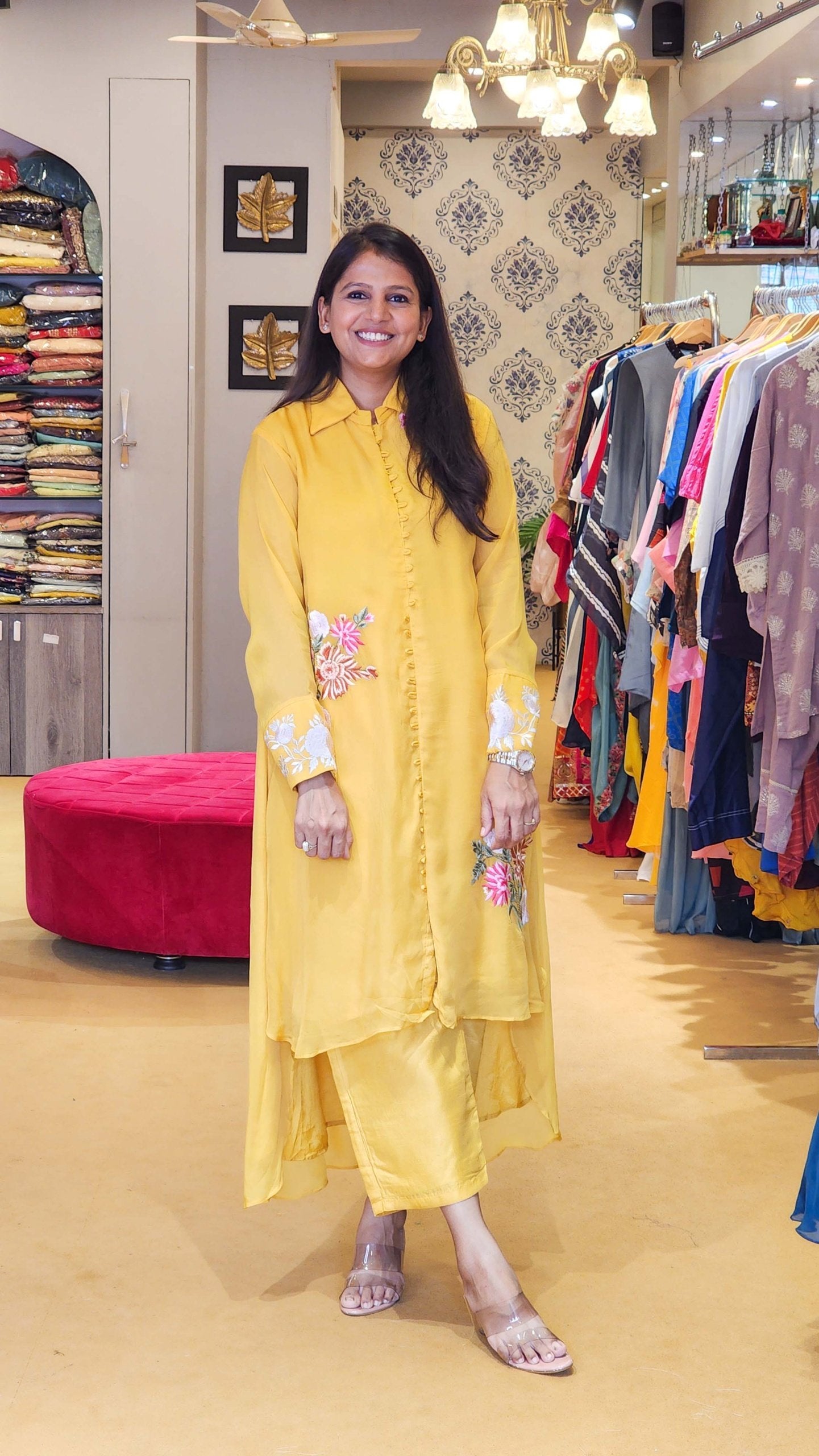 Yellow Hand Embroidered Organza Top and Pants Set