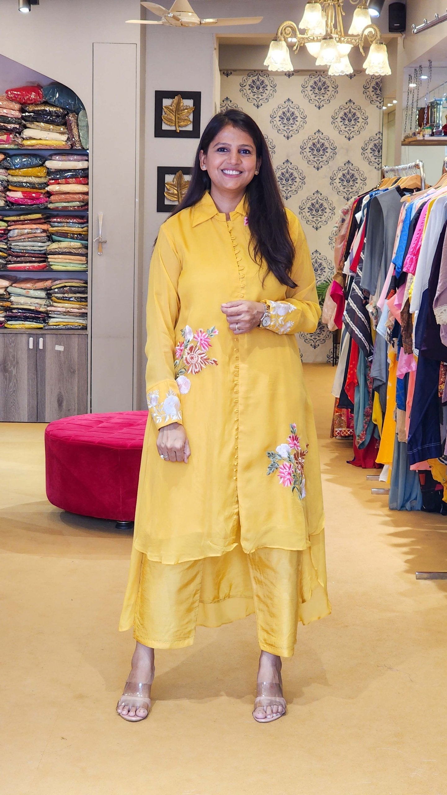 Yellow Hand Embroidered Organza Top and Pants Set