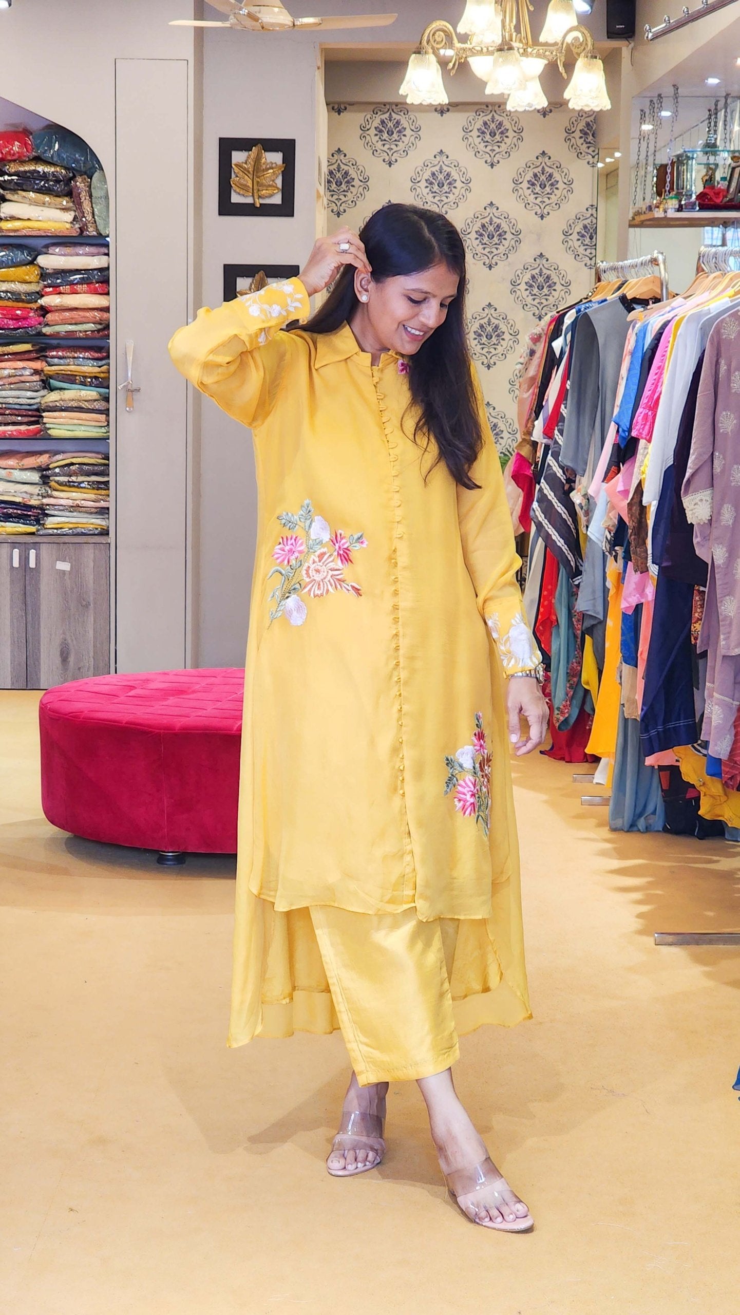 Yellow Hand Embroidered Organza Top and Pants Set