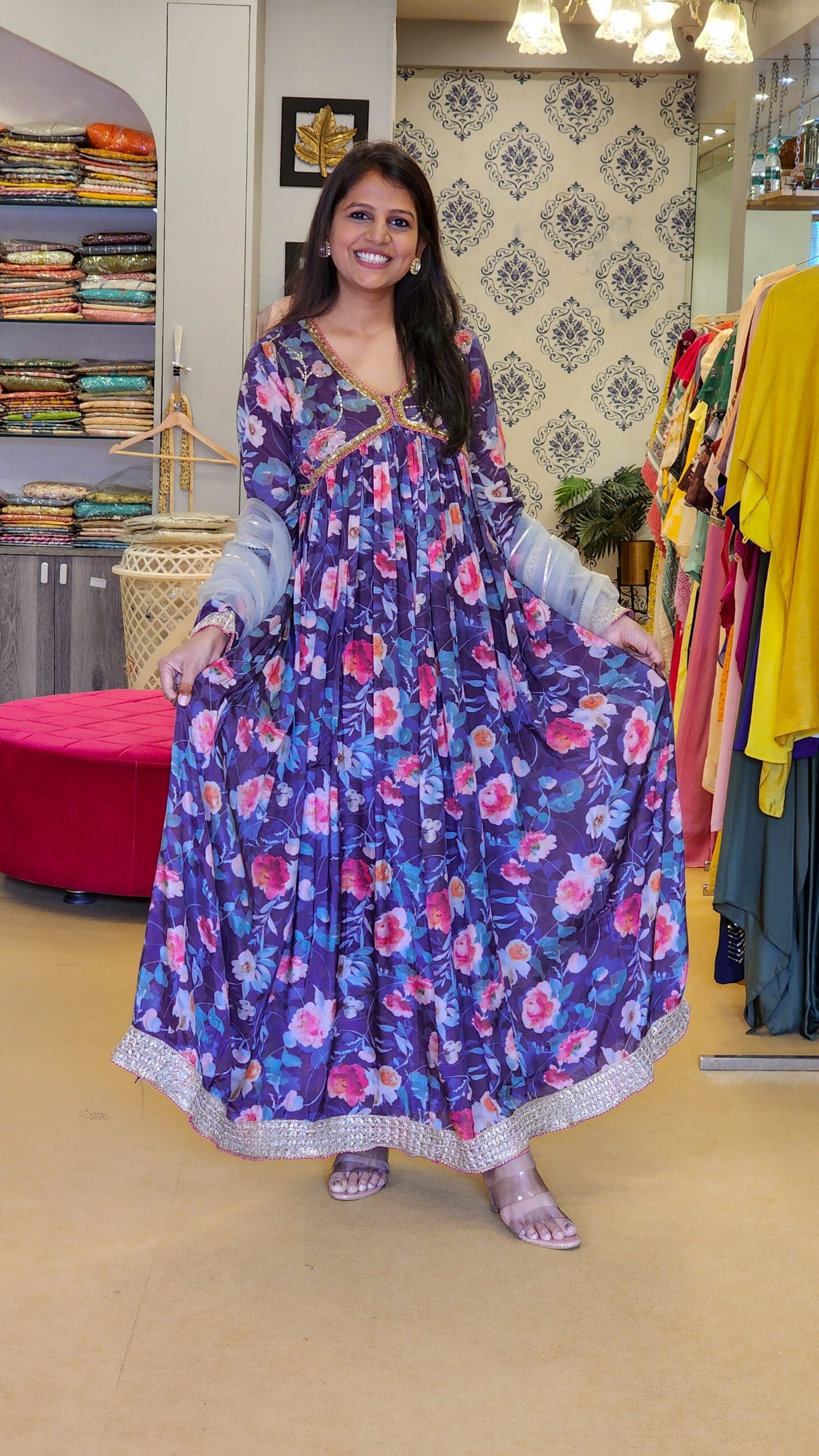 Floral Purple Muslin Flare Suit Set