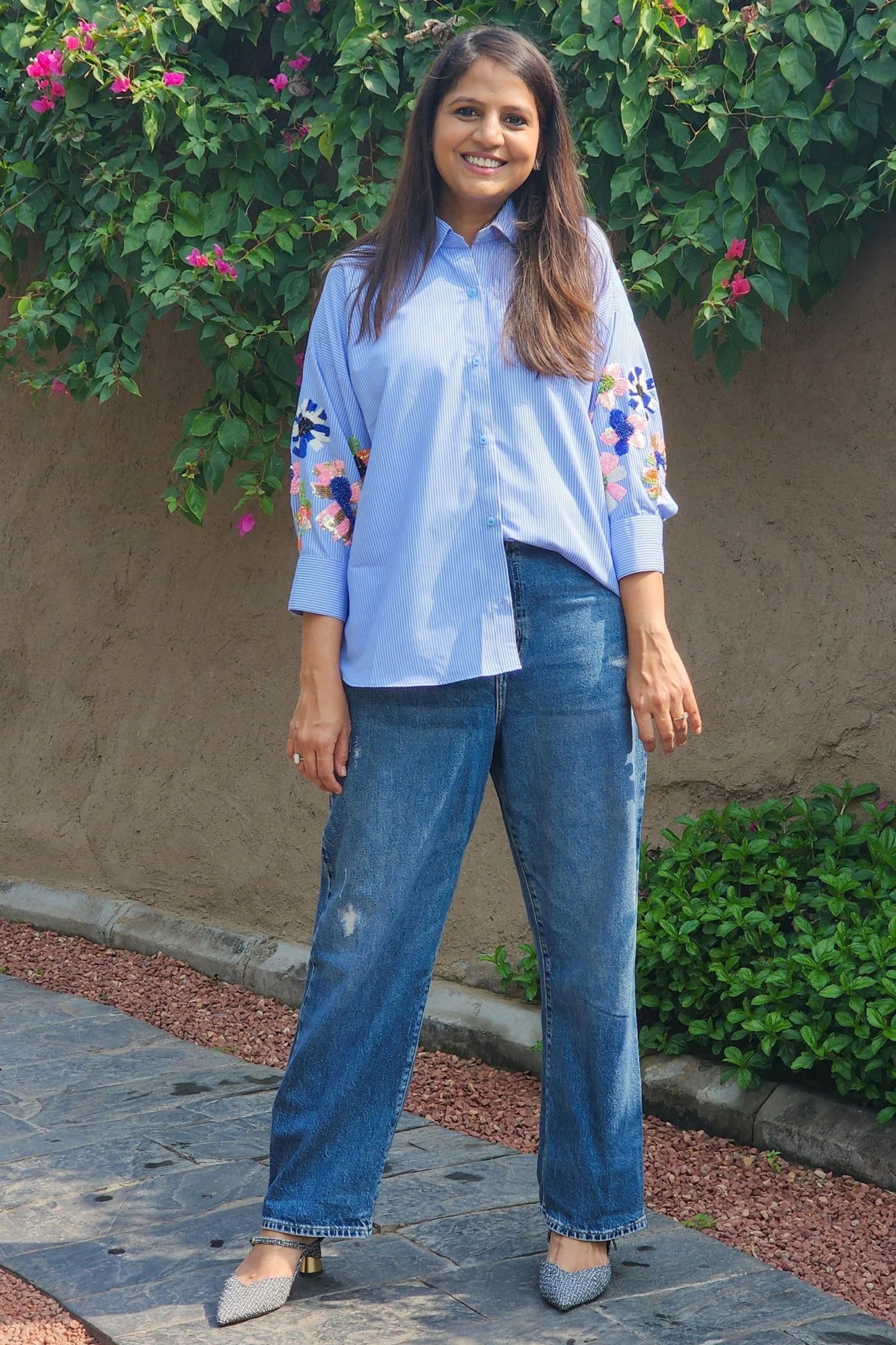 Blue Stripe Embellished Up Down Shirt
