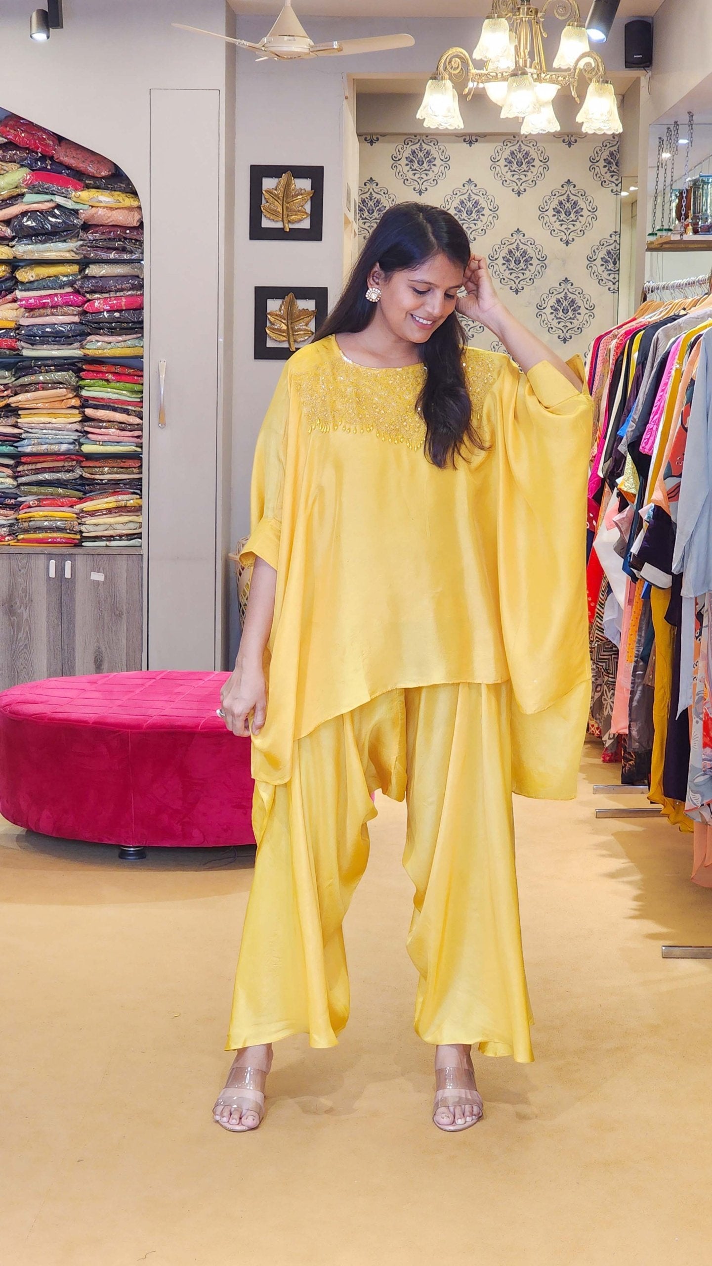 Yellow Heavily Embellished Neck and Harem Palazzo