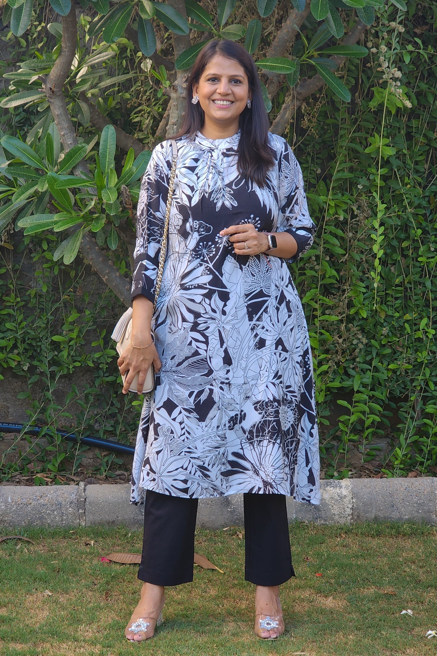 Black and White Printed Tunic and Pants Set