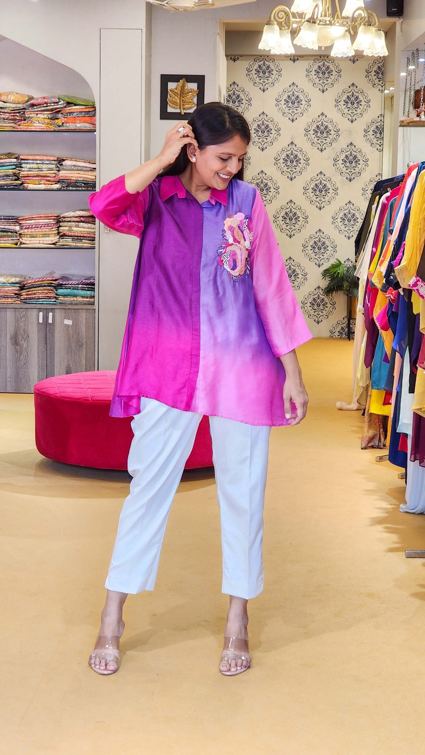 Pink Multi Ombré Top With Hand Work Detail Comes With Trousers