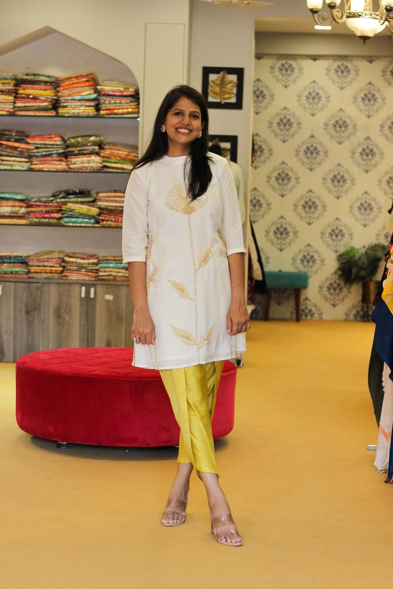 Pearl Top and Yellow Dhoti Set