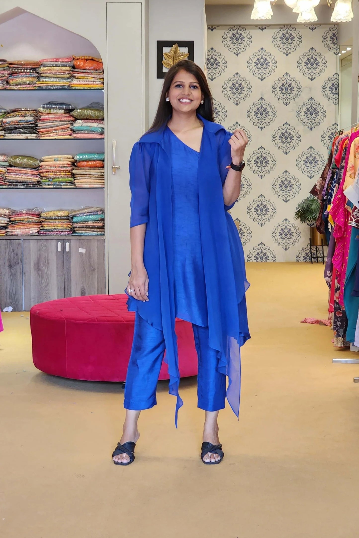 Royal Blue Organza Jacket with One Shoulder top and Pants
