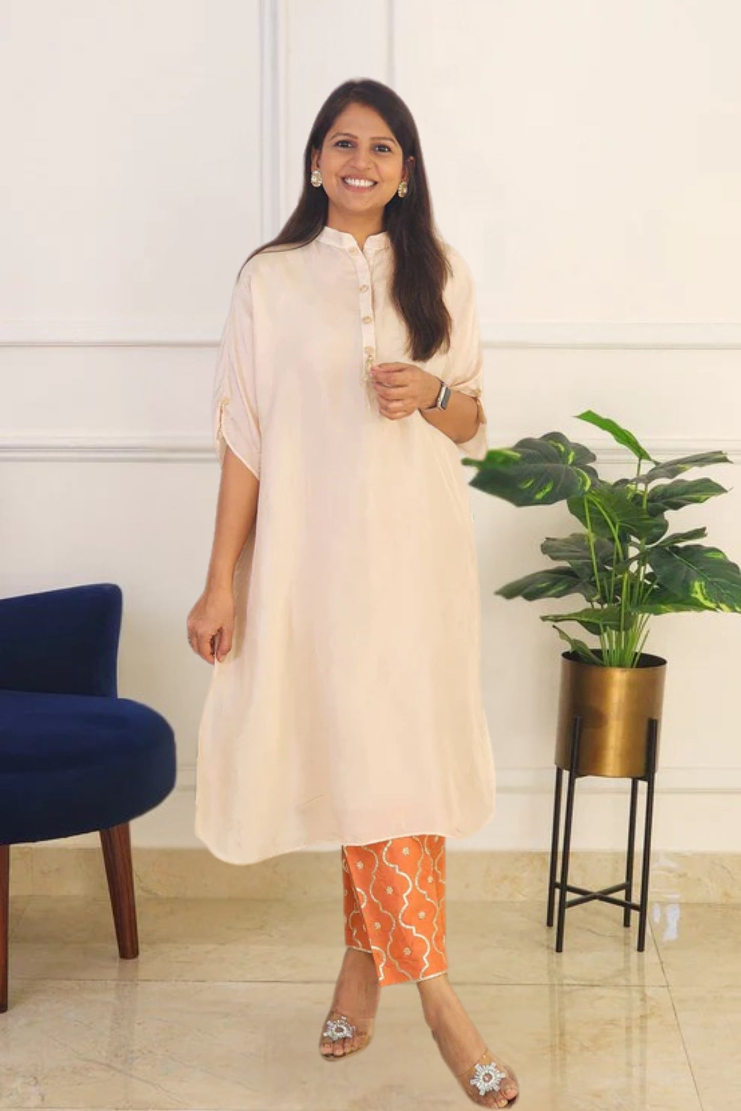 Kesariya Jaal Pants With Off White Kaftan