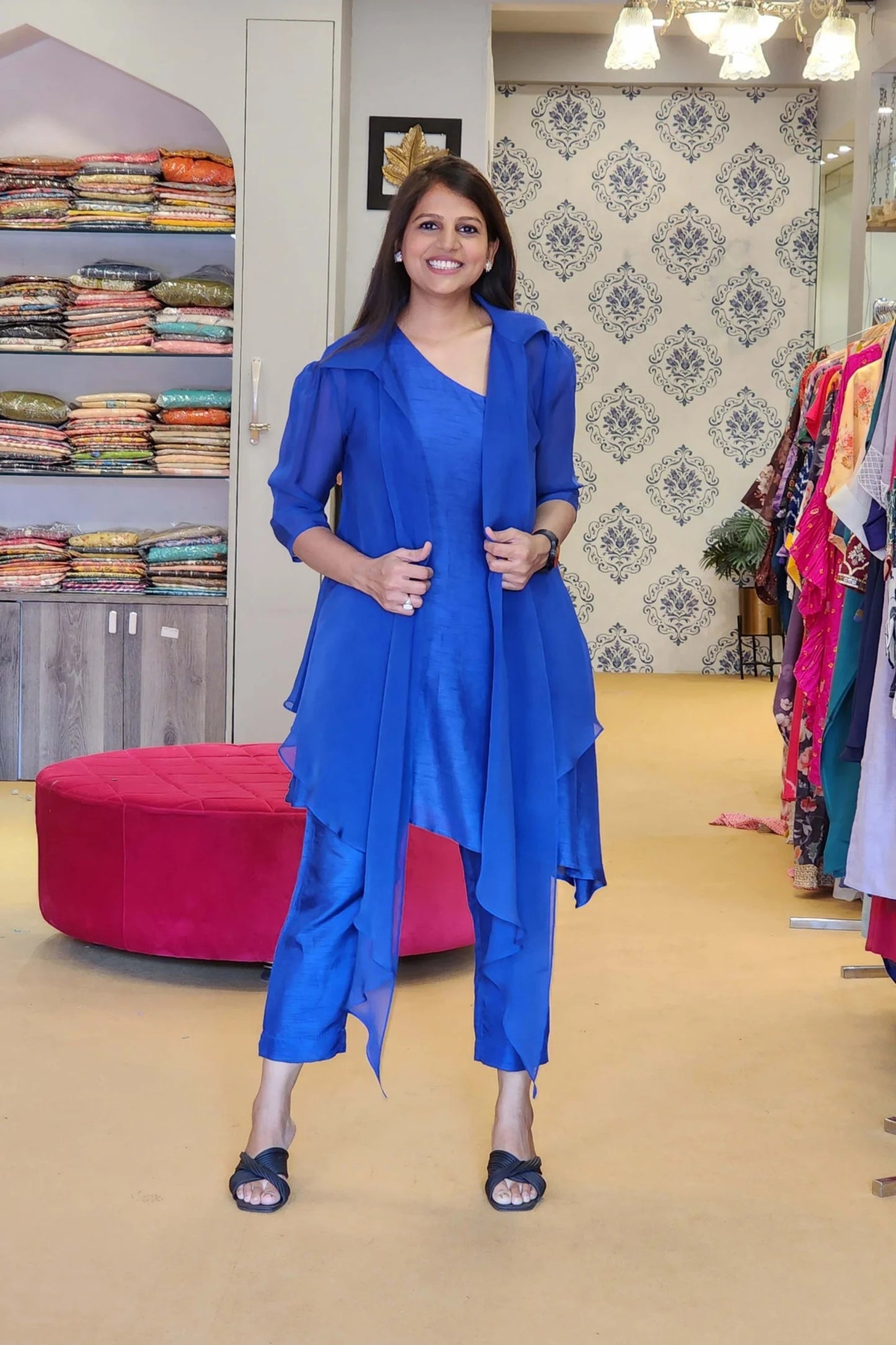 Royal Blue Organza Jacket with One Shoulder top and Pants