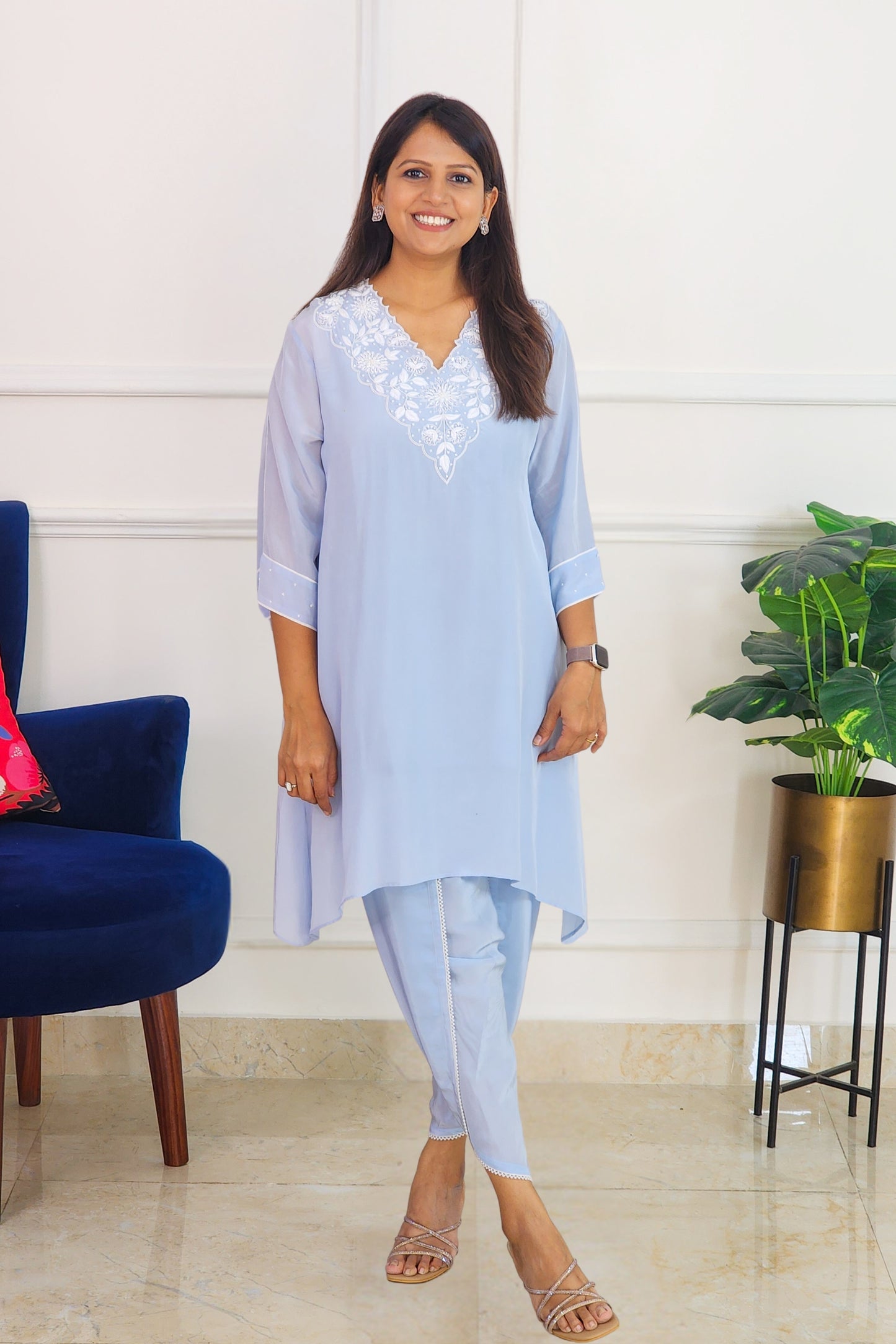 Powder Blue Embroidered Set with Tulip Pants