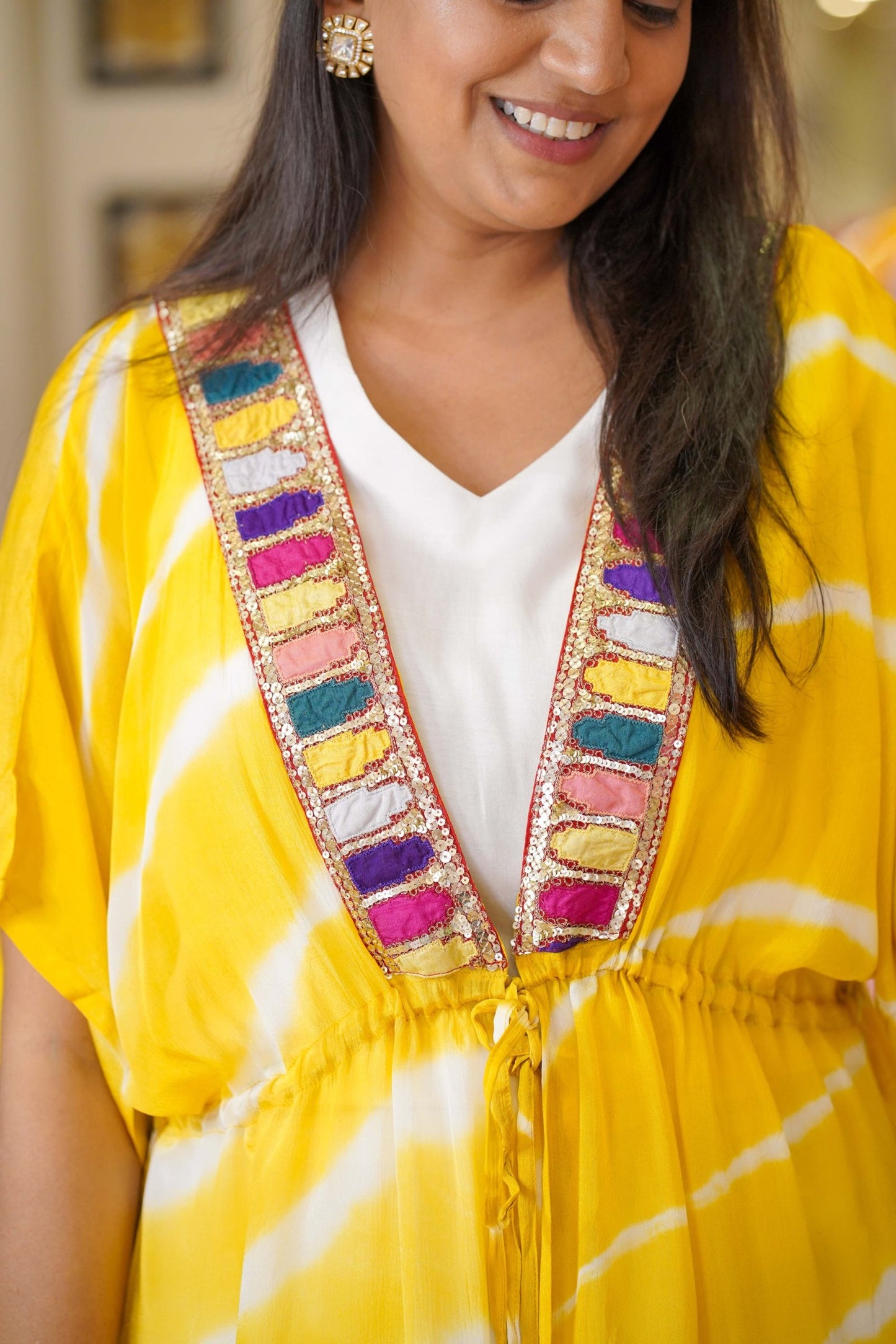 Yellow Leheriya Tie Dye Multi Embroidered Set