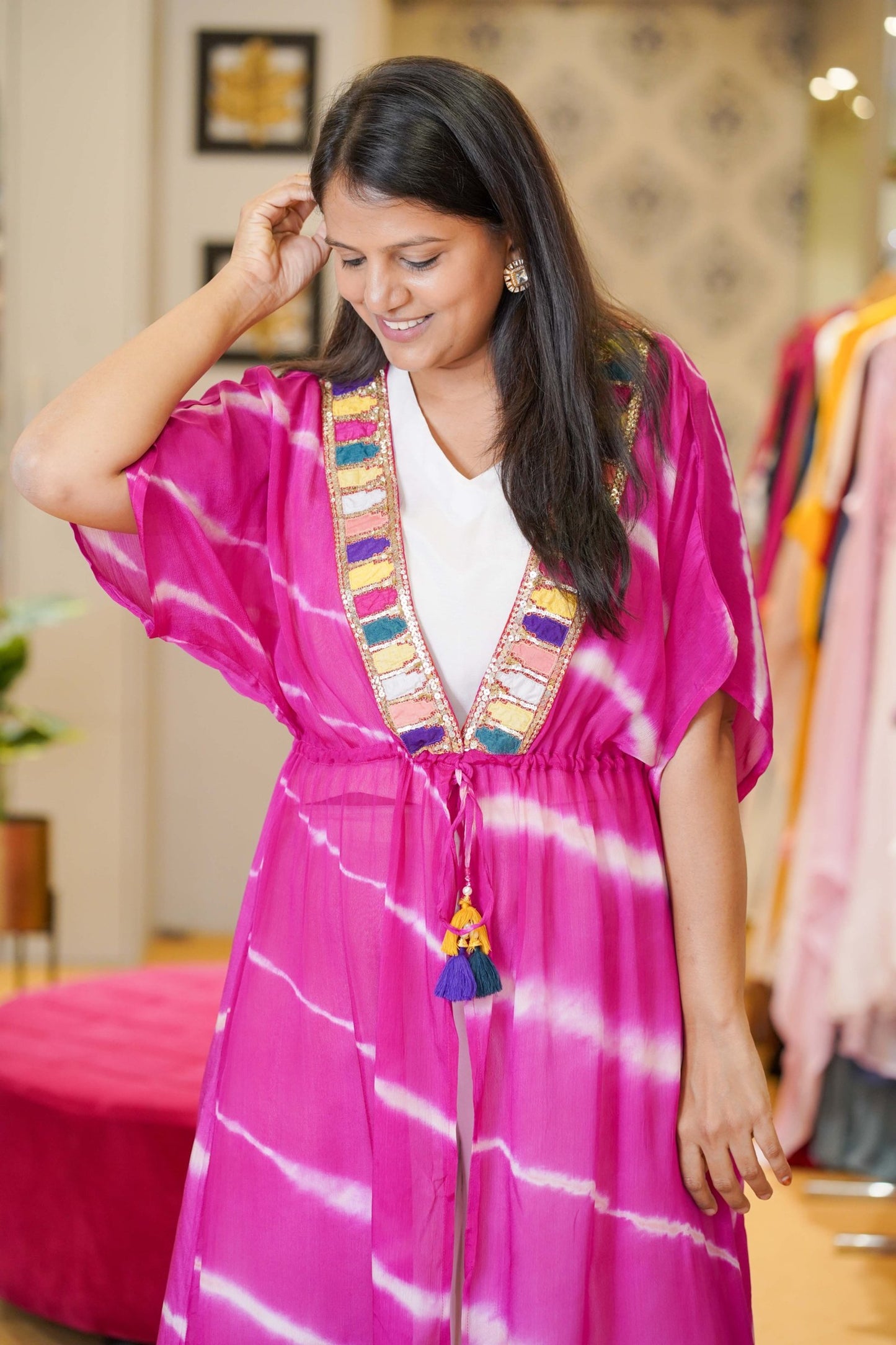 Pink Leheriya Tie Dye Multi Embroidered Set