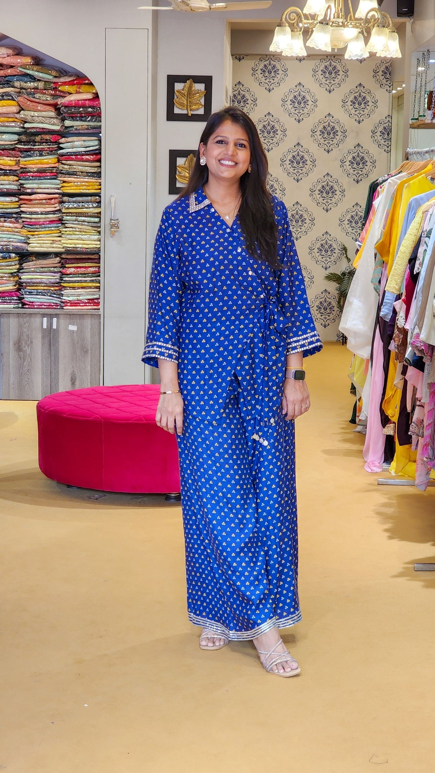 Blue Bandhej Angrakha Top and Palazzo Set