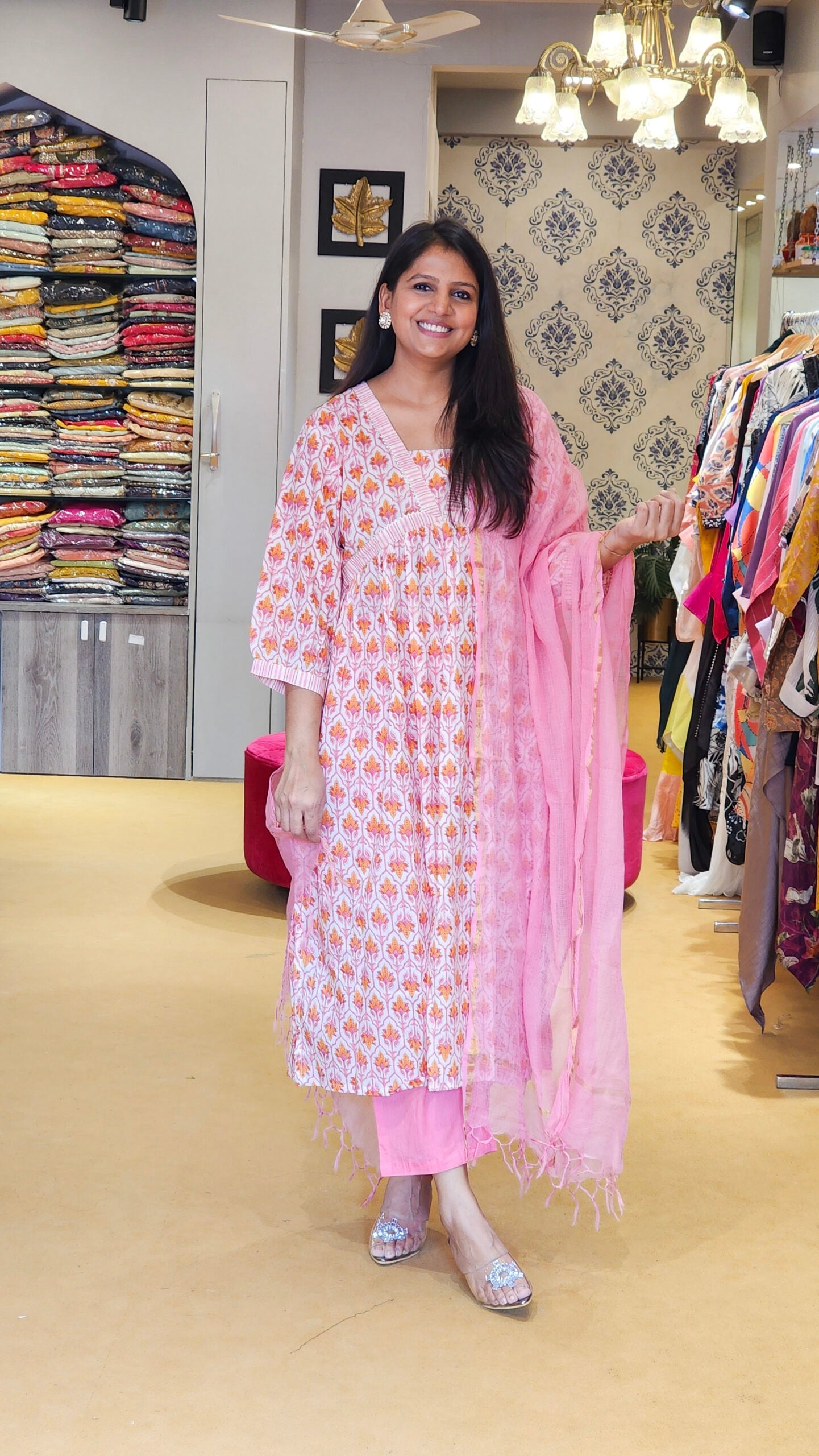 Pink And White Alia Cut Cotton Suit Set with Doriya Duppata
