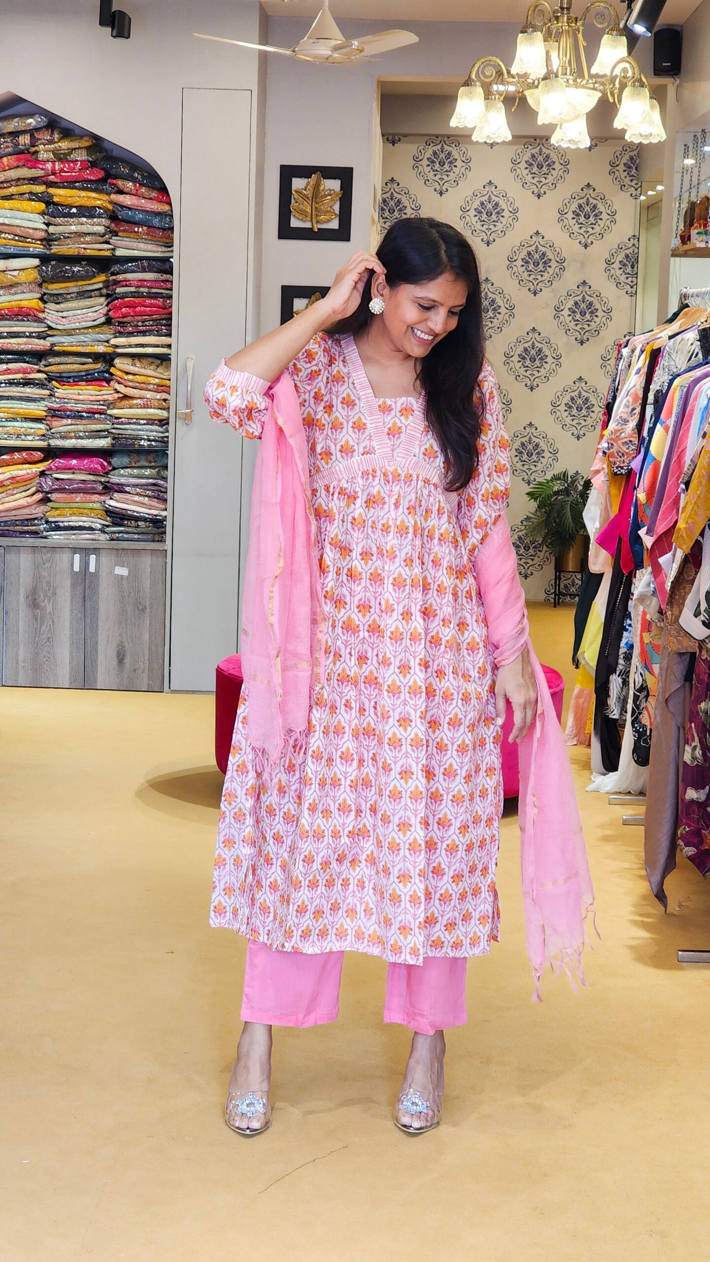 Pink And White Alia Cut Cotton Suit Set with Doriya Duppata