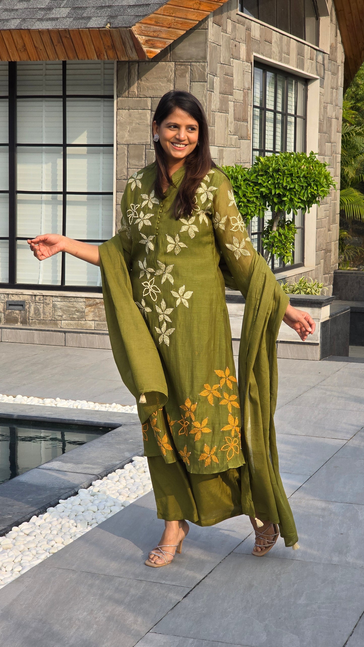 Kantha Olive Mul chanderi Suit