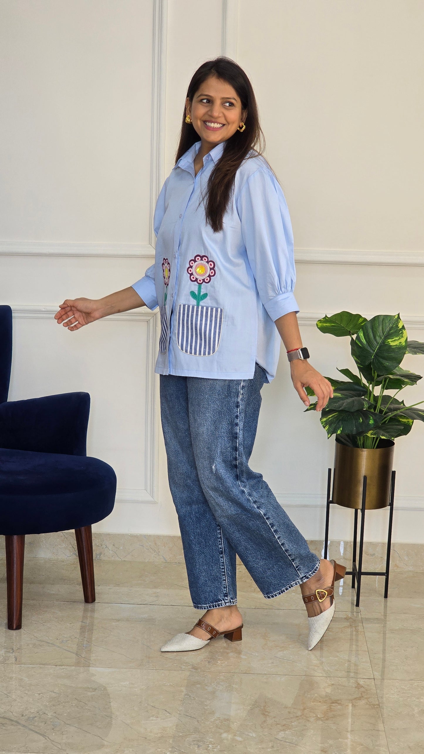 Blue Bloom Applique Shirt