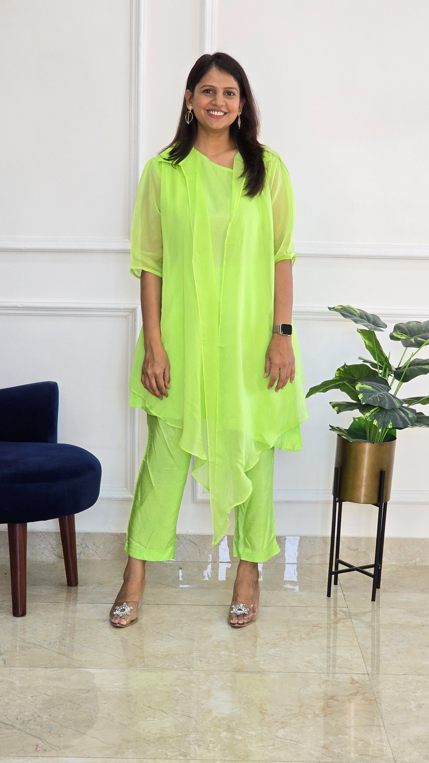 Neon Green Organza Jacket with One Shoulder Top and Pants - View 7 - PinkTree by Shrutika