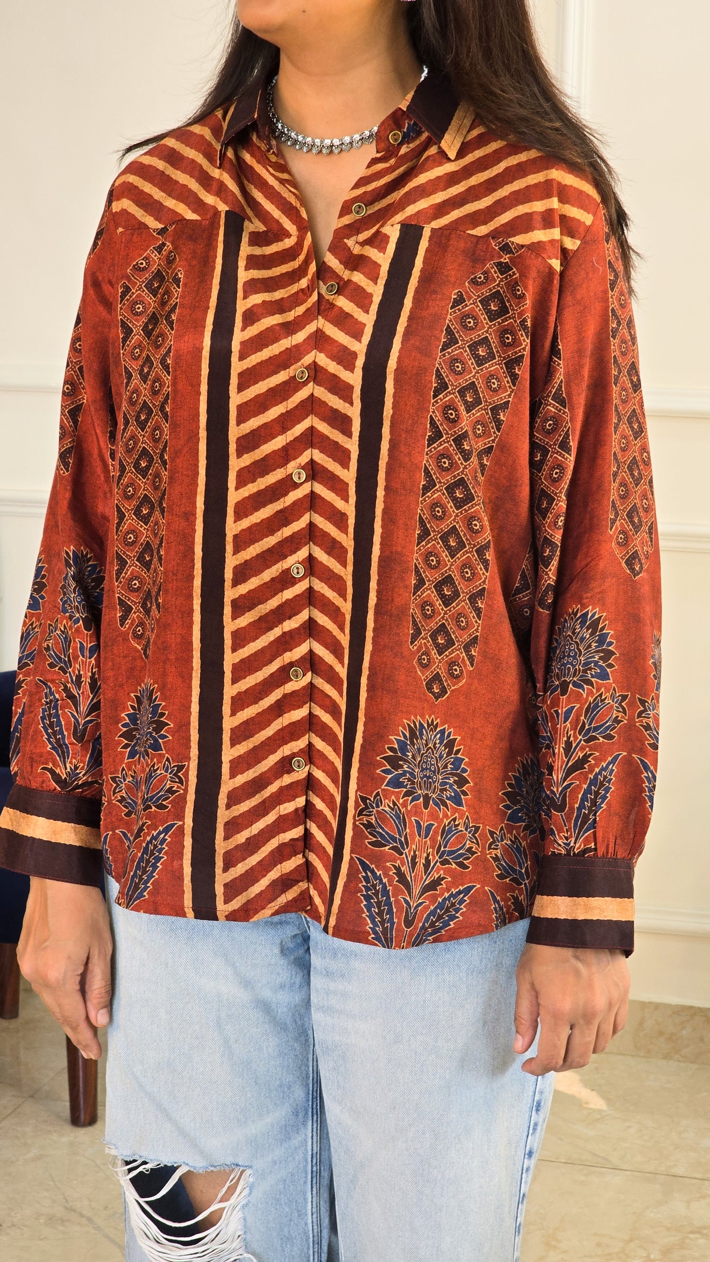 Rust Ajrakh Muslin Shirt - View 7 - PinkTree by Shrutika