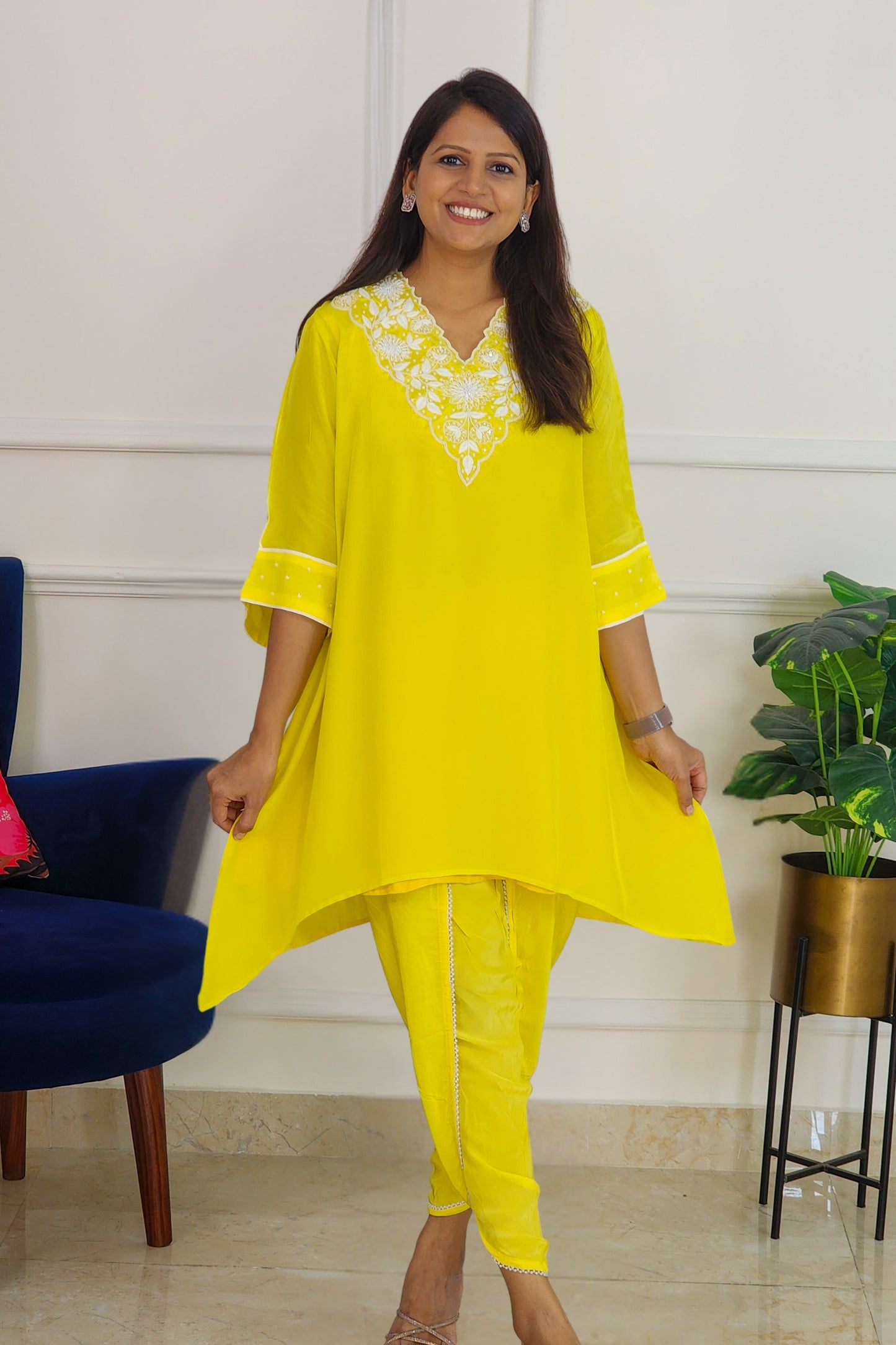 Electric Yellow Embroidered Set with Tulip Pants