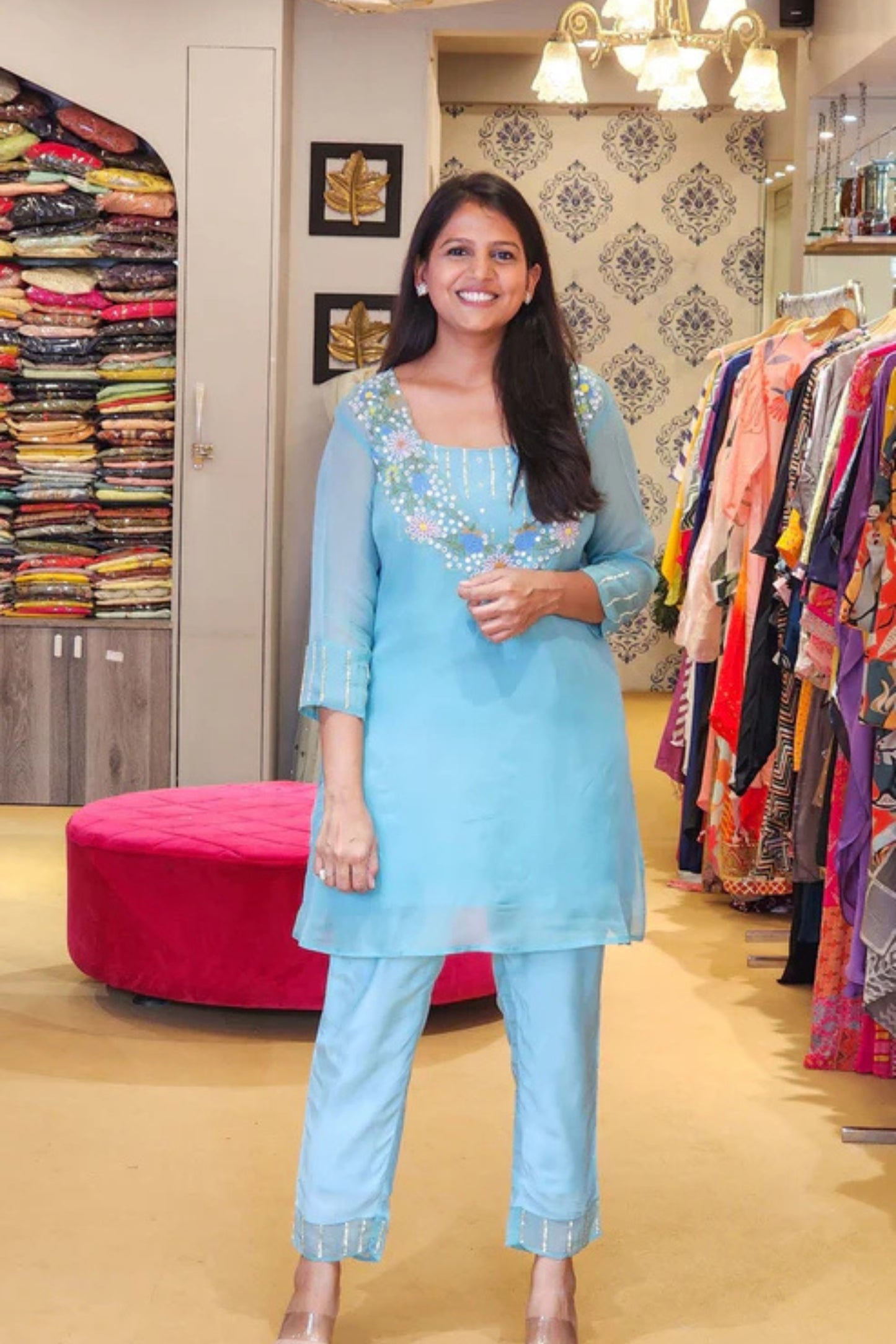Turquoise Pure Soft Organza Mirror Embroidered Co Ord Set