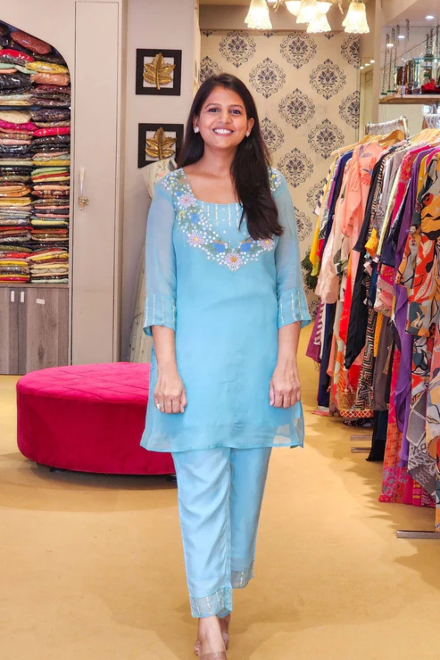 Turquoise Pure Soft Organza Mirror Embroidered Co Ord Set