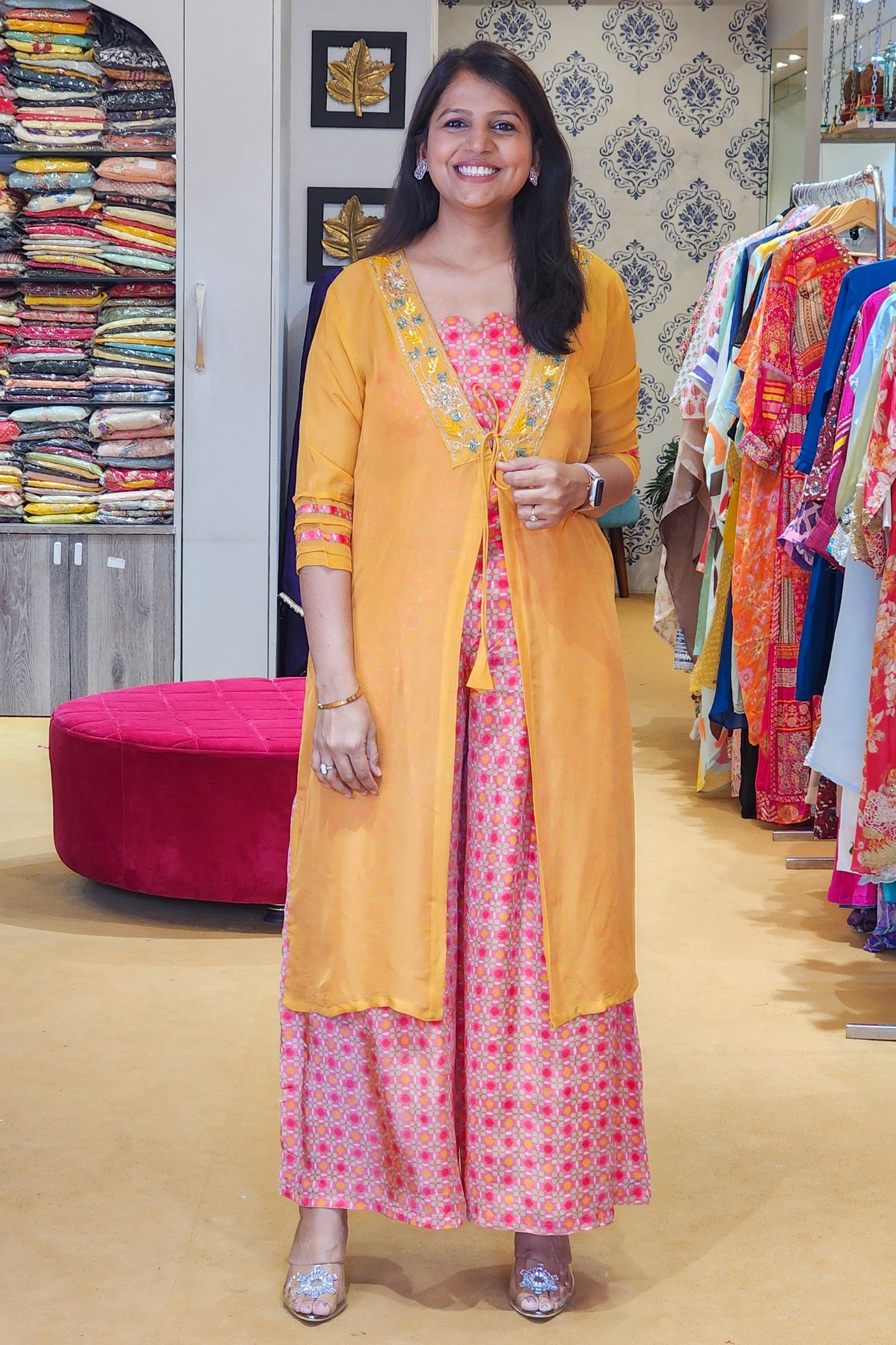 Mustard Colored Jacket, Printed Top and Pants