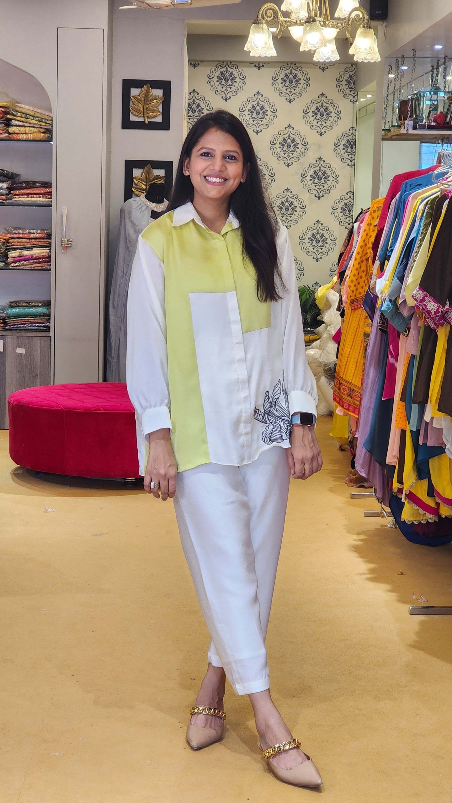 White and Neon Co Ord Set with Flower embellishment