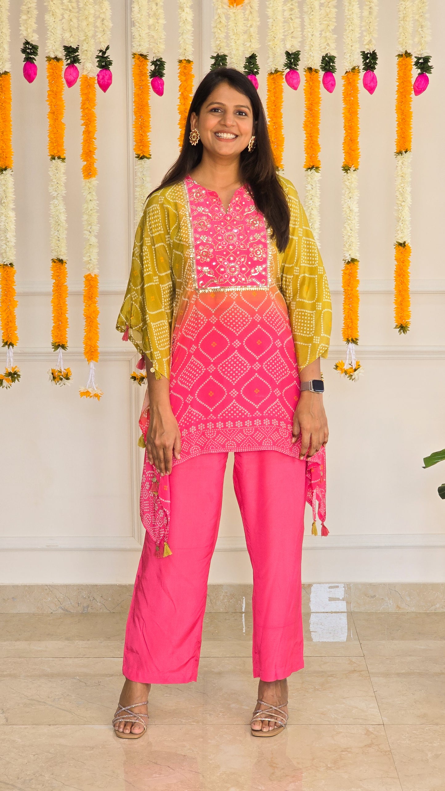 Ombre Bandhej Embellished Kaftan Set