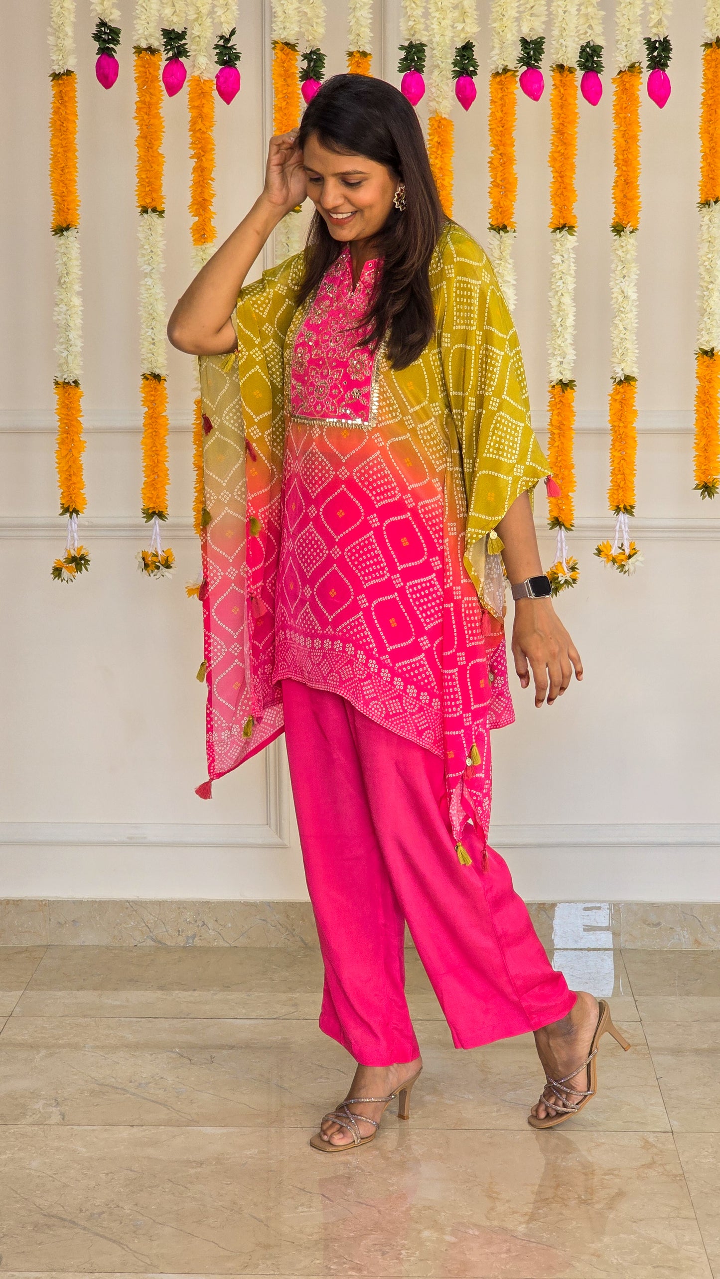Ombre Bandhej Embellished Kaftan Set