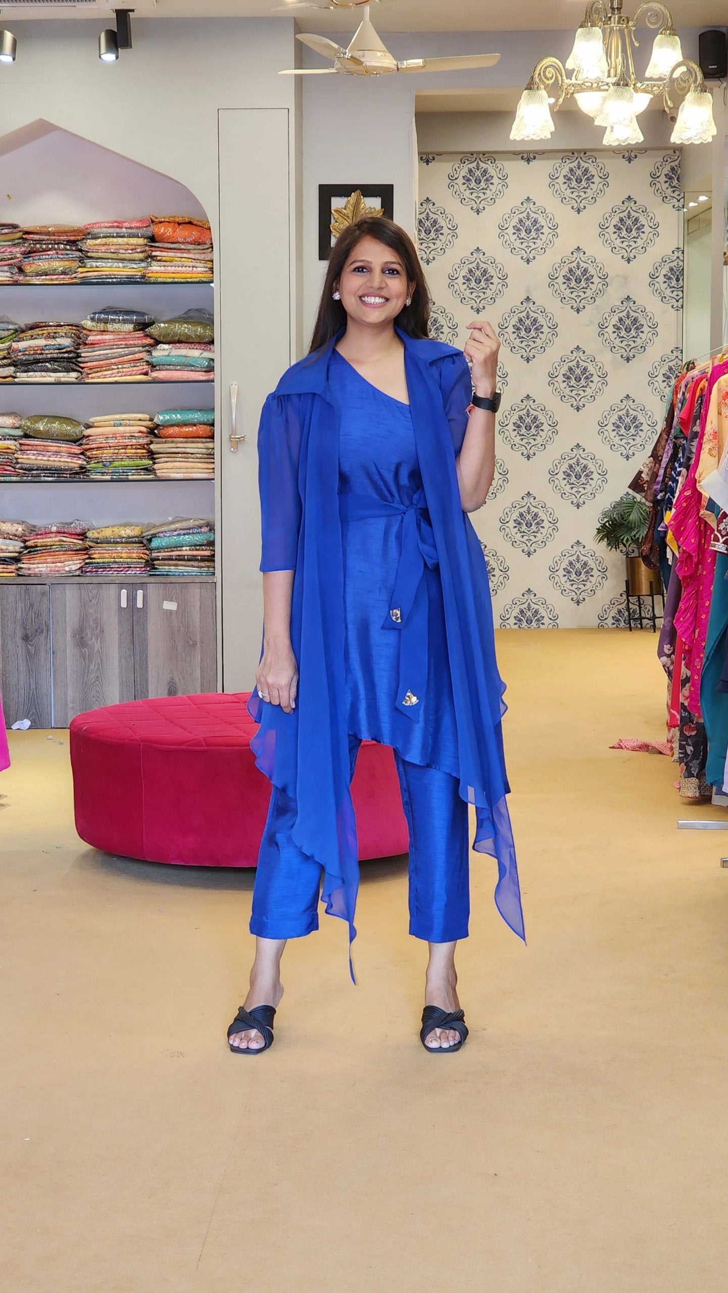 Royal Blue Organza Jacket with One Shoulder top and Pants