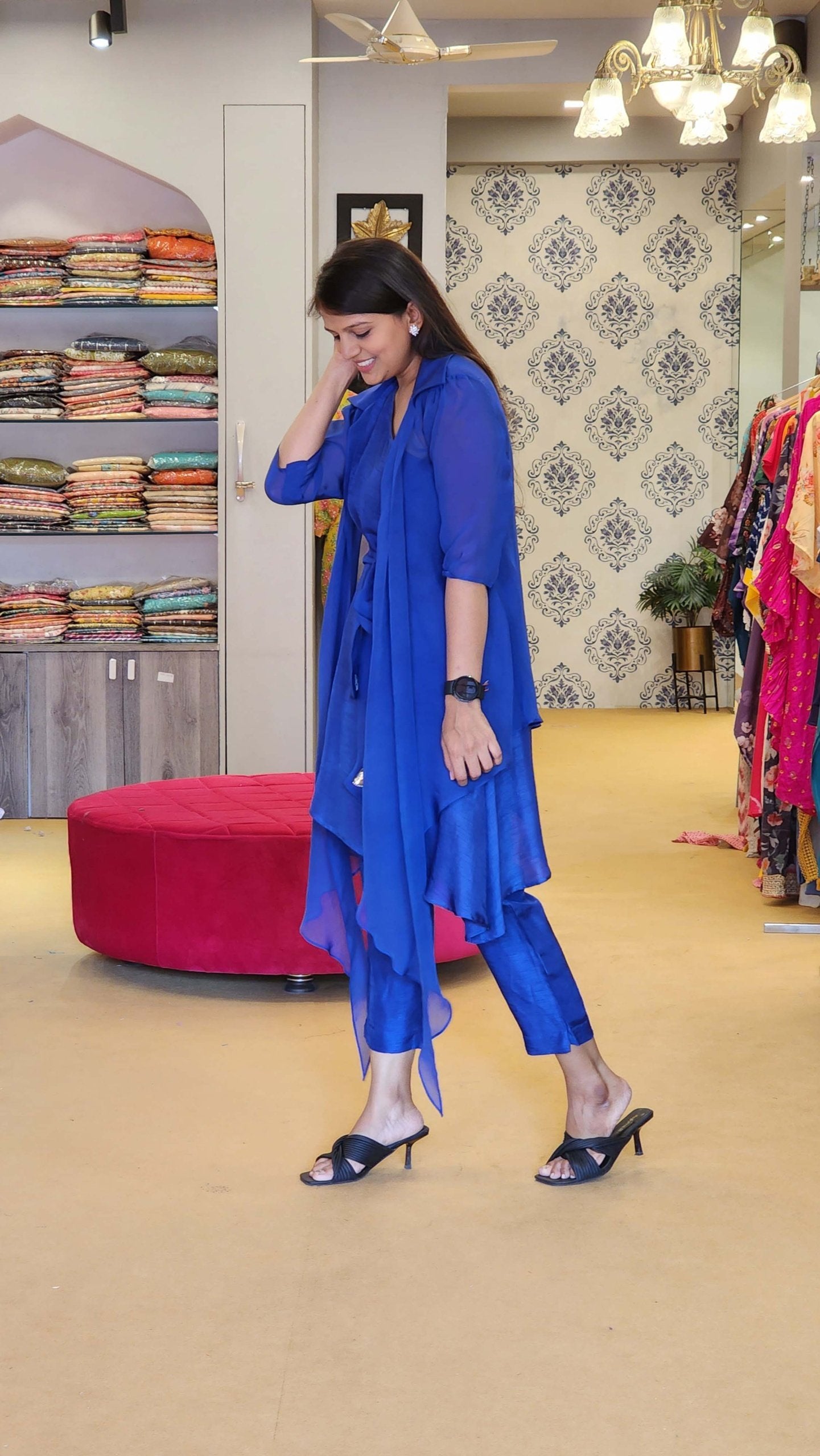 Royal Blue Organza Jacket with One Shoulder top and Pants
