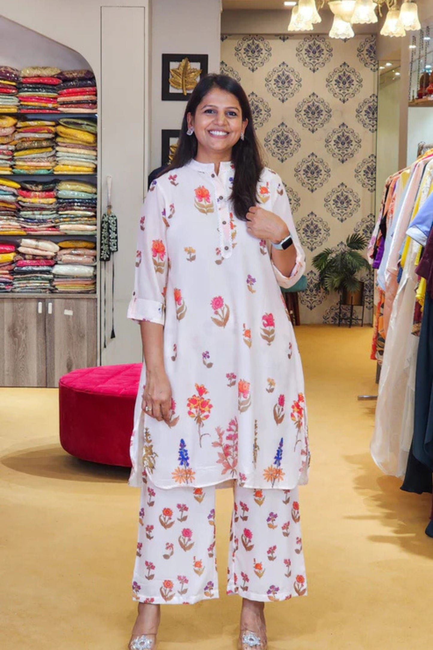 Peach Floral Block kurta and Pants Set