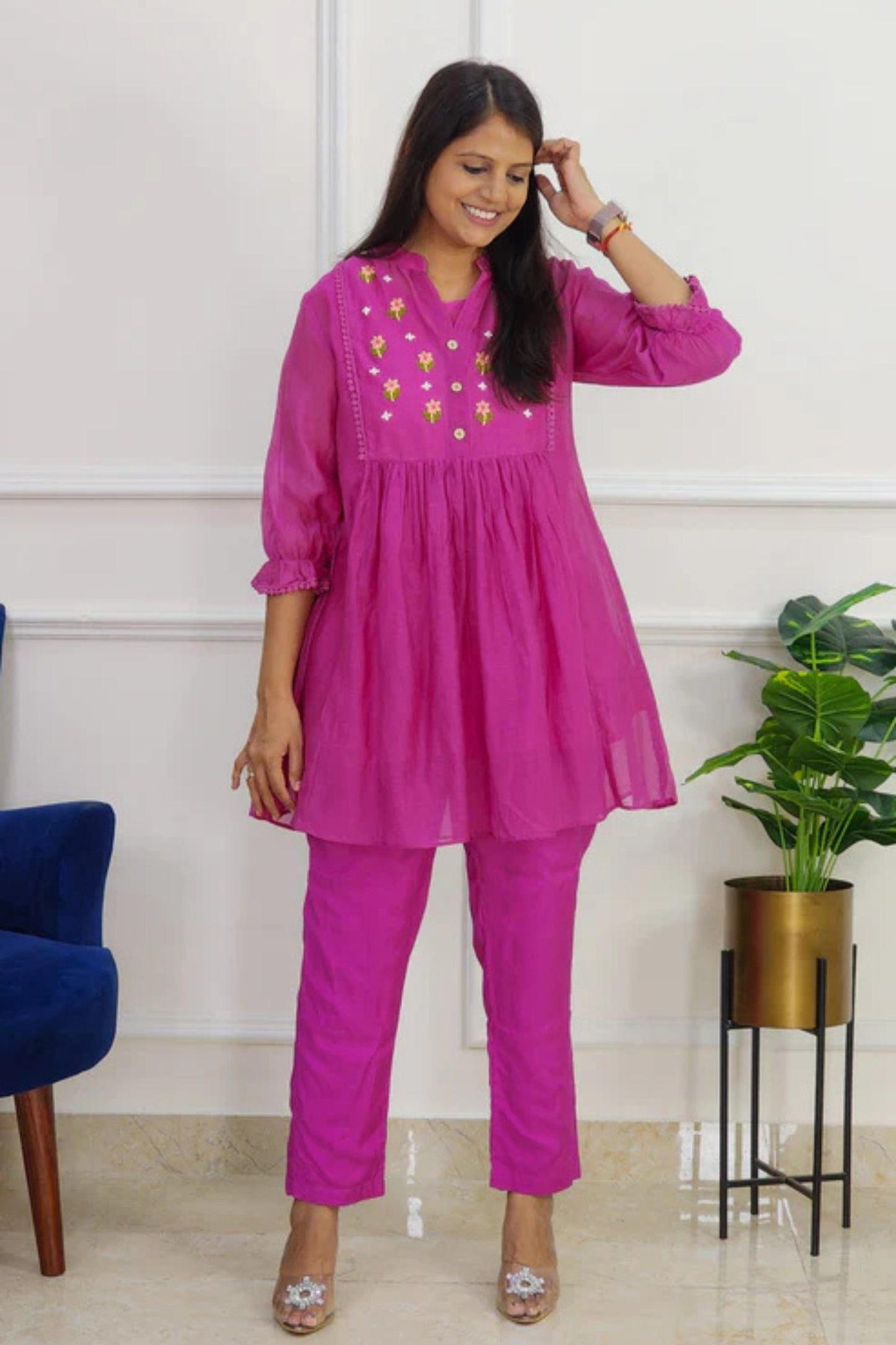Magenta Mul Chanderi Embroidered Co Ord Set
