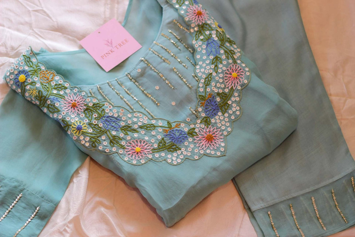 Turquoise Pure Soft Organza Mirror Embroidered Co Ord Set