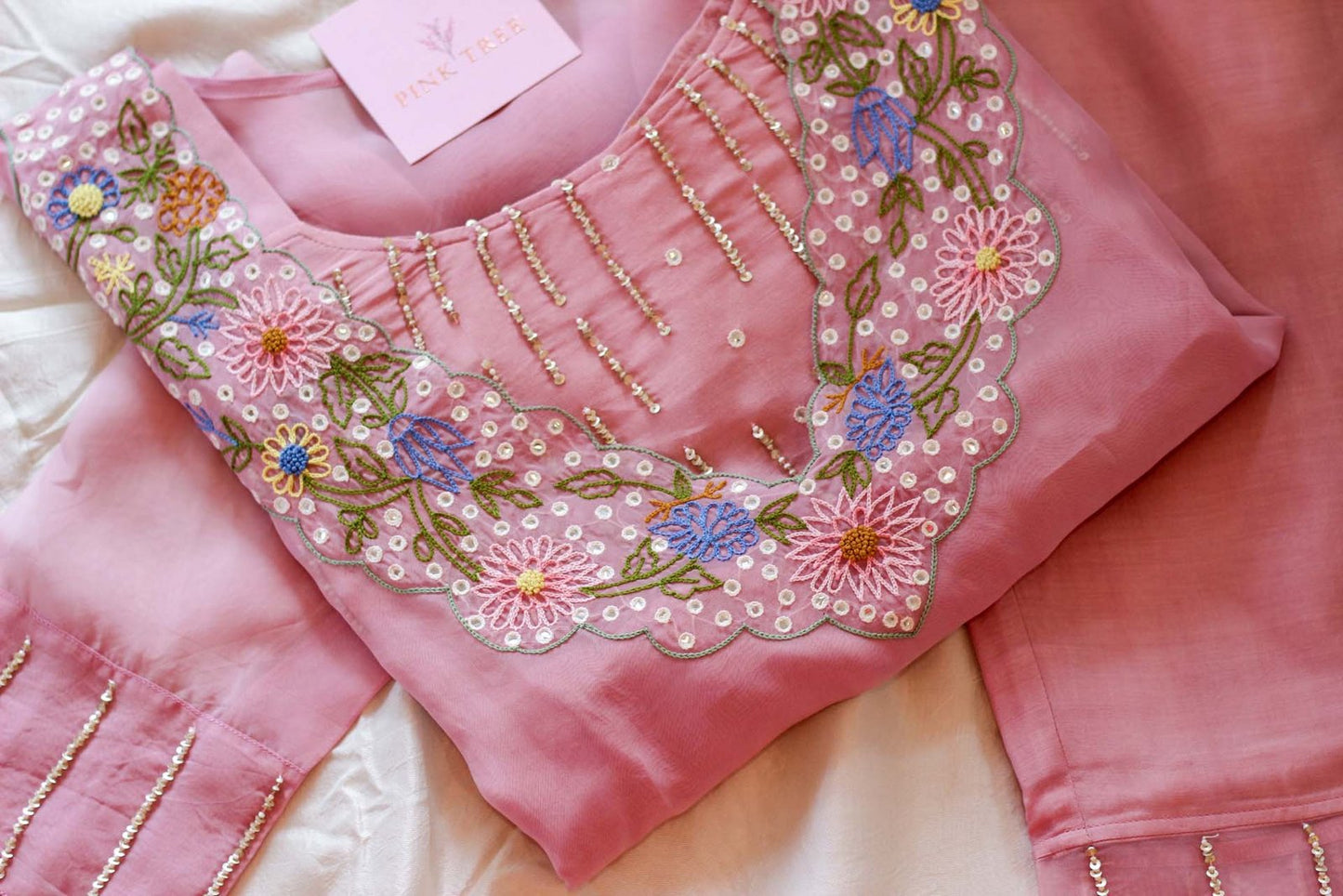 Lavender Pure Soft Organza Mirror Embroidered Co Ord Set