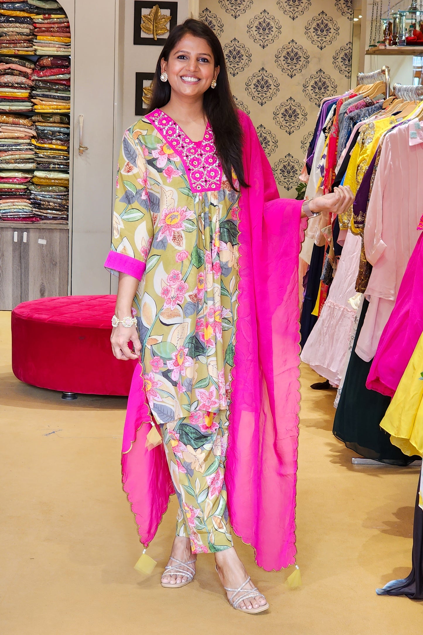 Jhilmil Green Floral Kurta Set