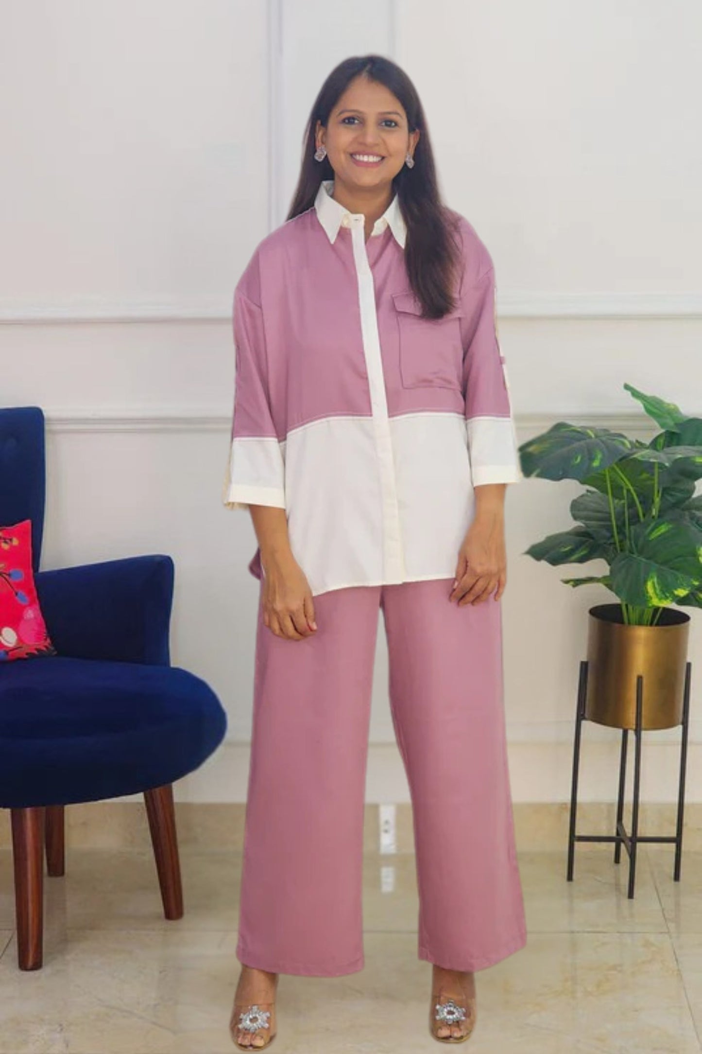 Mauve Cotton Satin Solid Co Ord Set