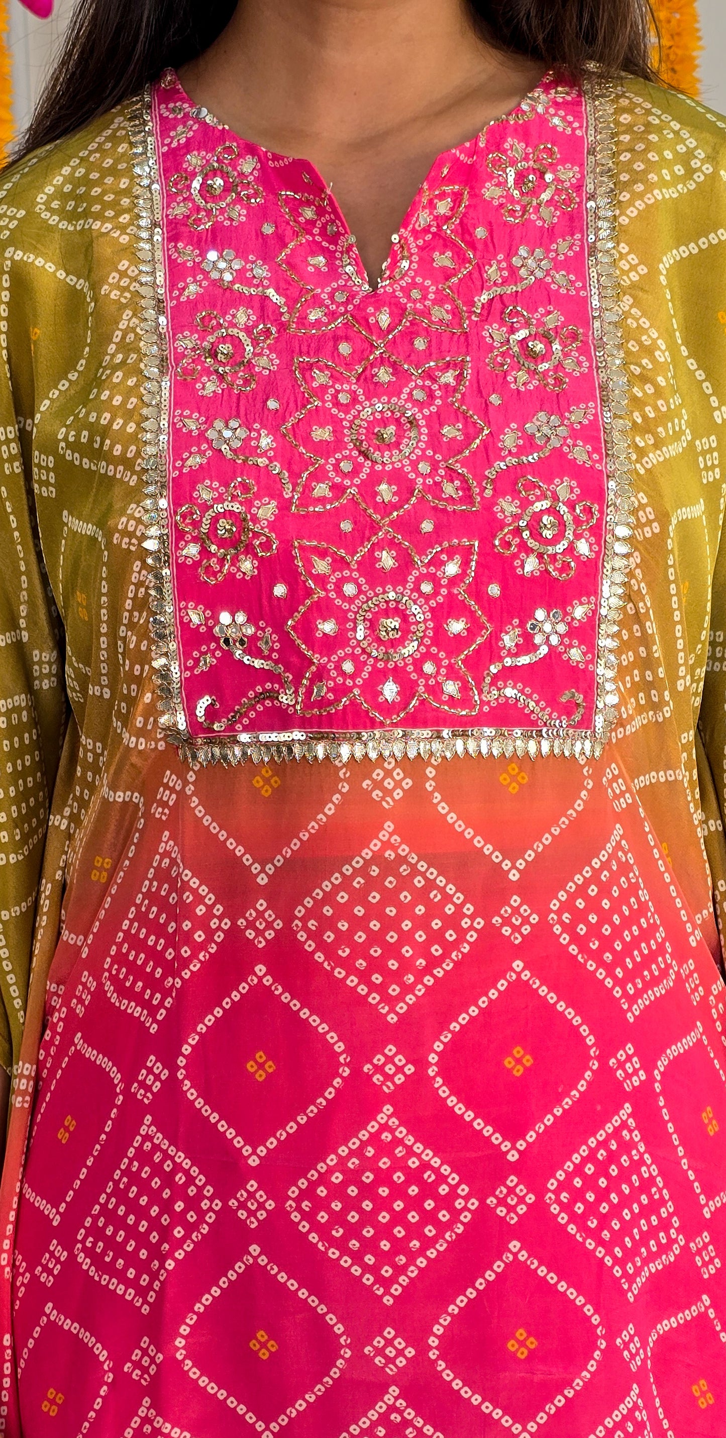 Ombre Bandhej Embellished Kaftan Set