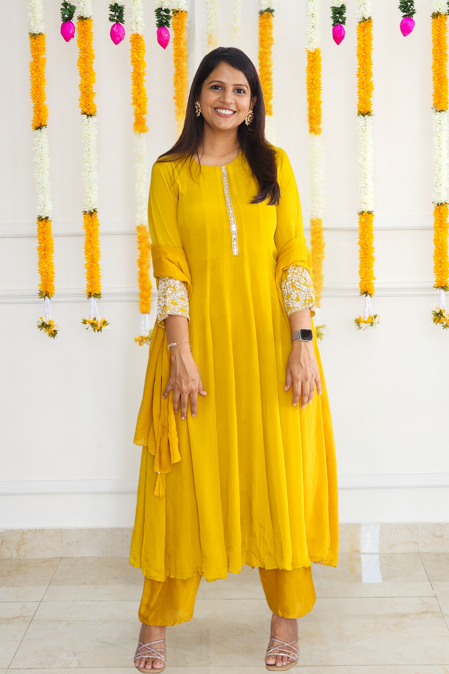 Yellow Chinnon Anarkali Set