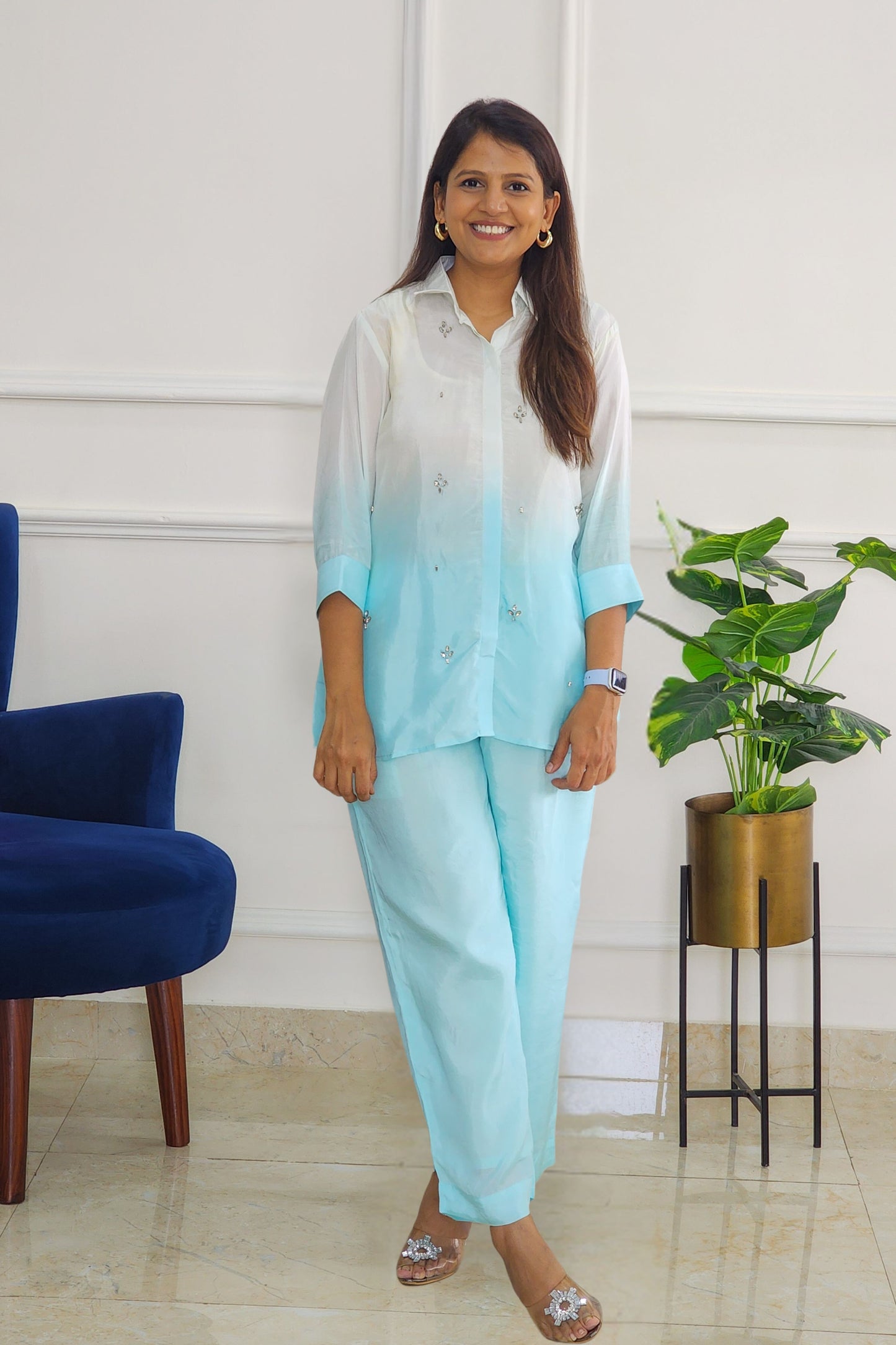 Blue Ombre Shirt And Pants with Stone Details