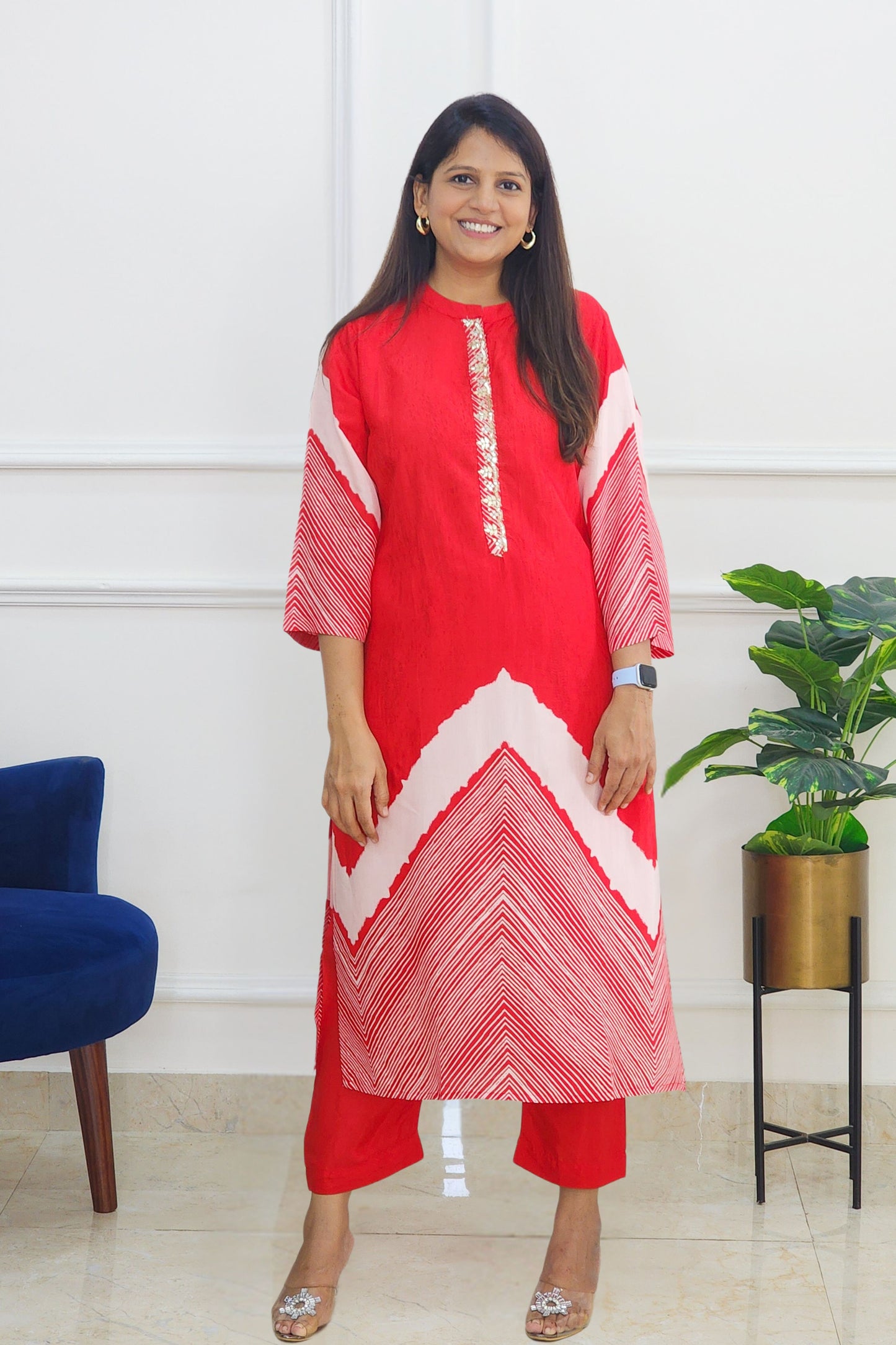 Tie Dye Kurta and Pants Set - Red