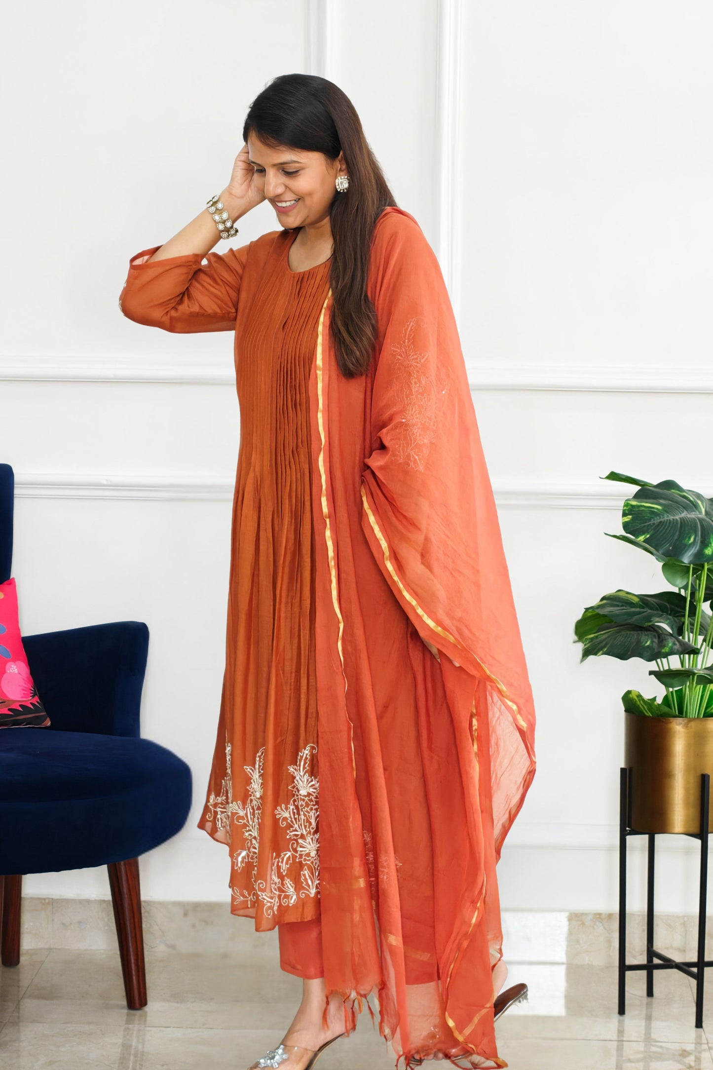 Rust Mul Chanderi Suit Set