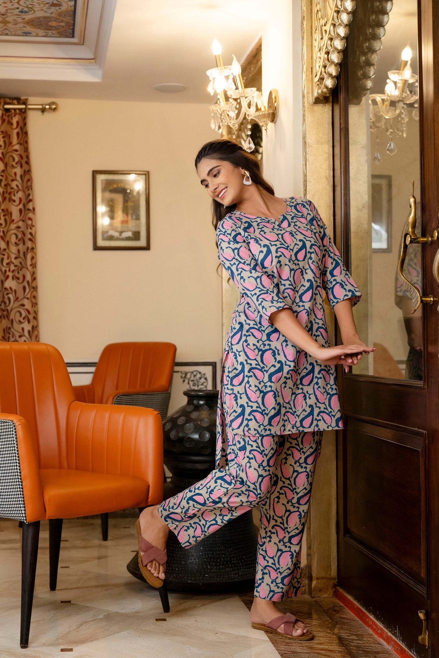 Blue Pink Printed Cotton Lounge Wear