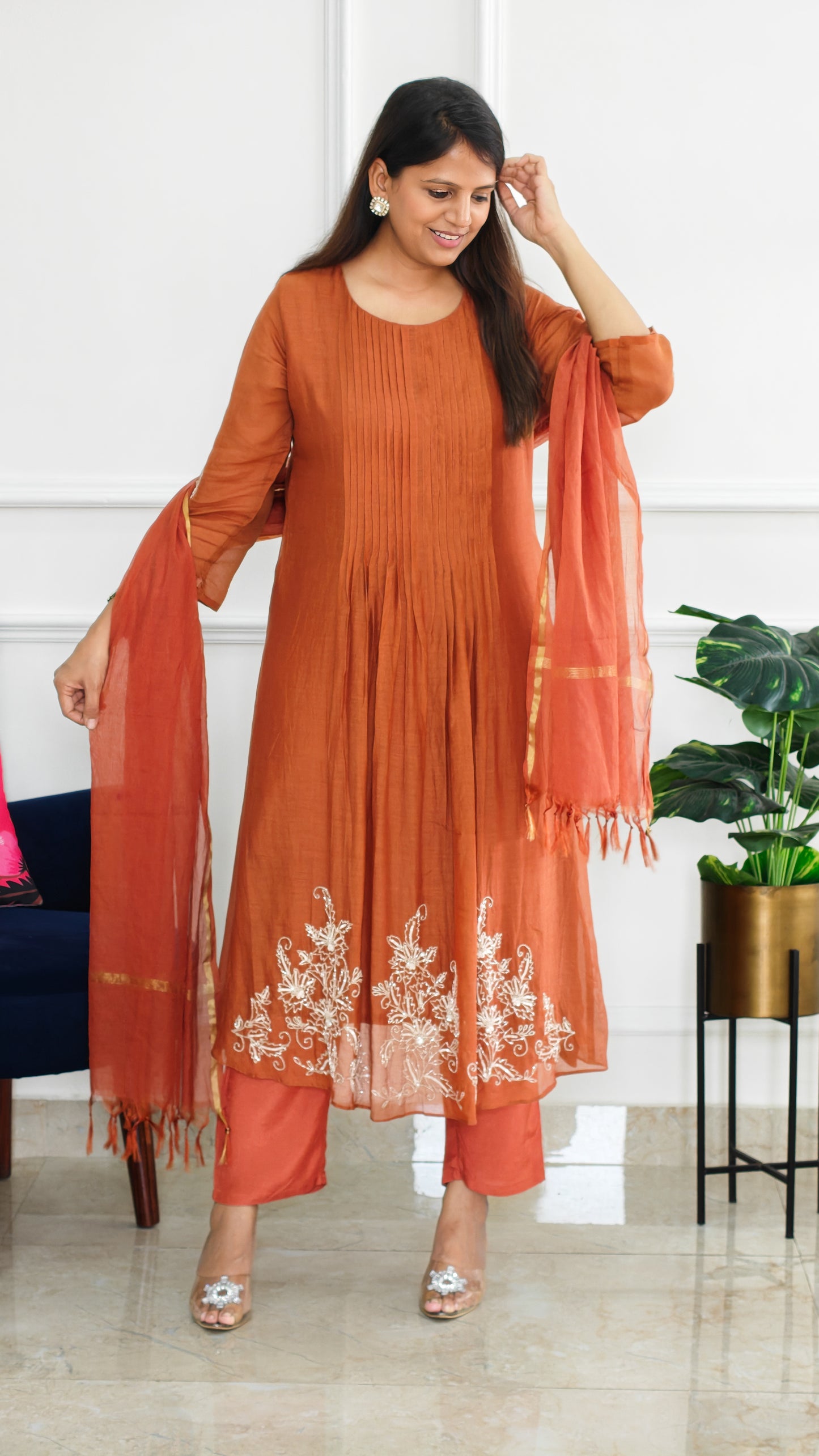 Rust Mul Chanderi Suit Set