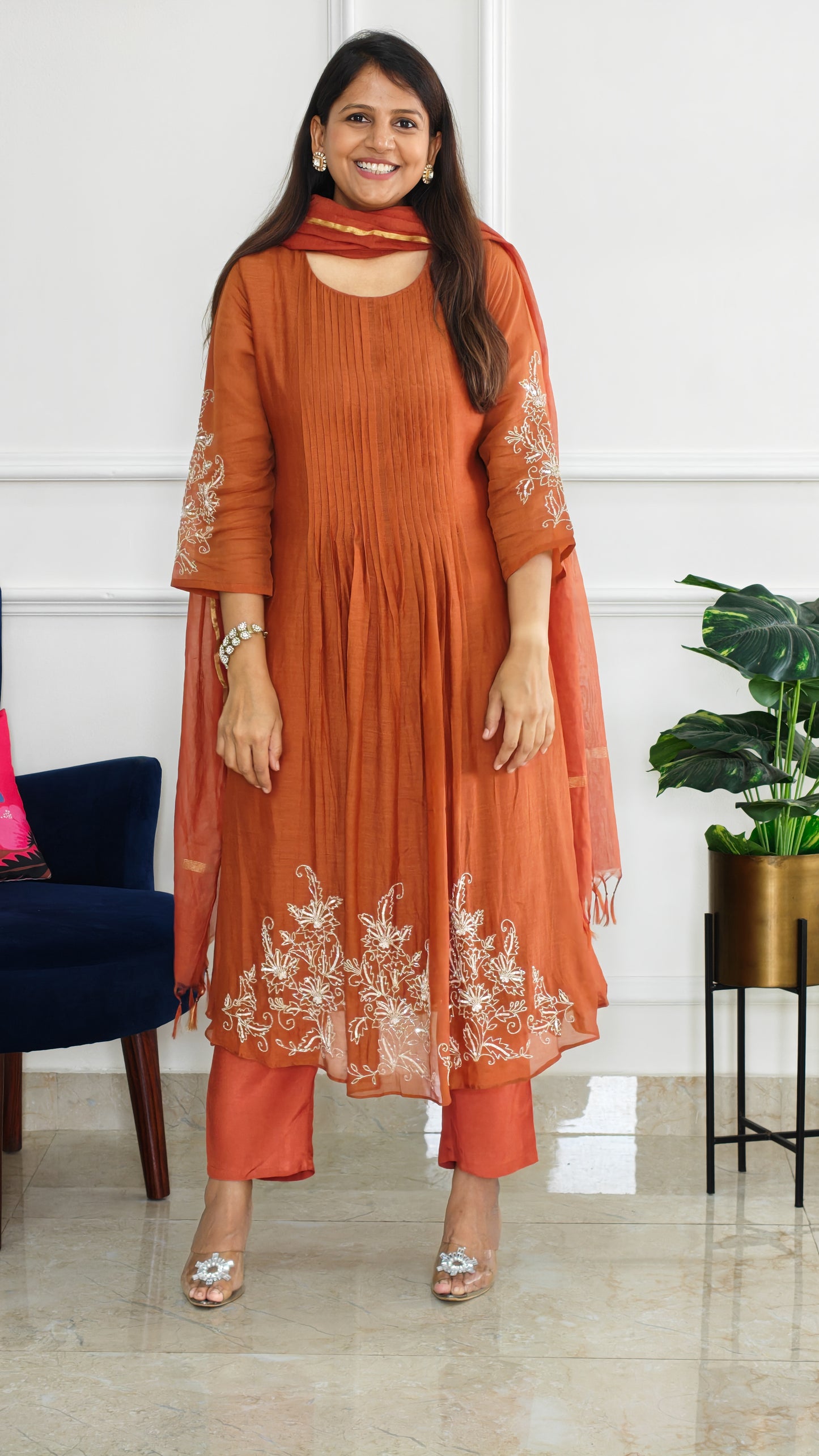 Rust Mul Chanderi Suit Set