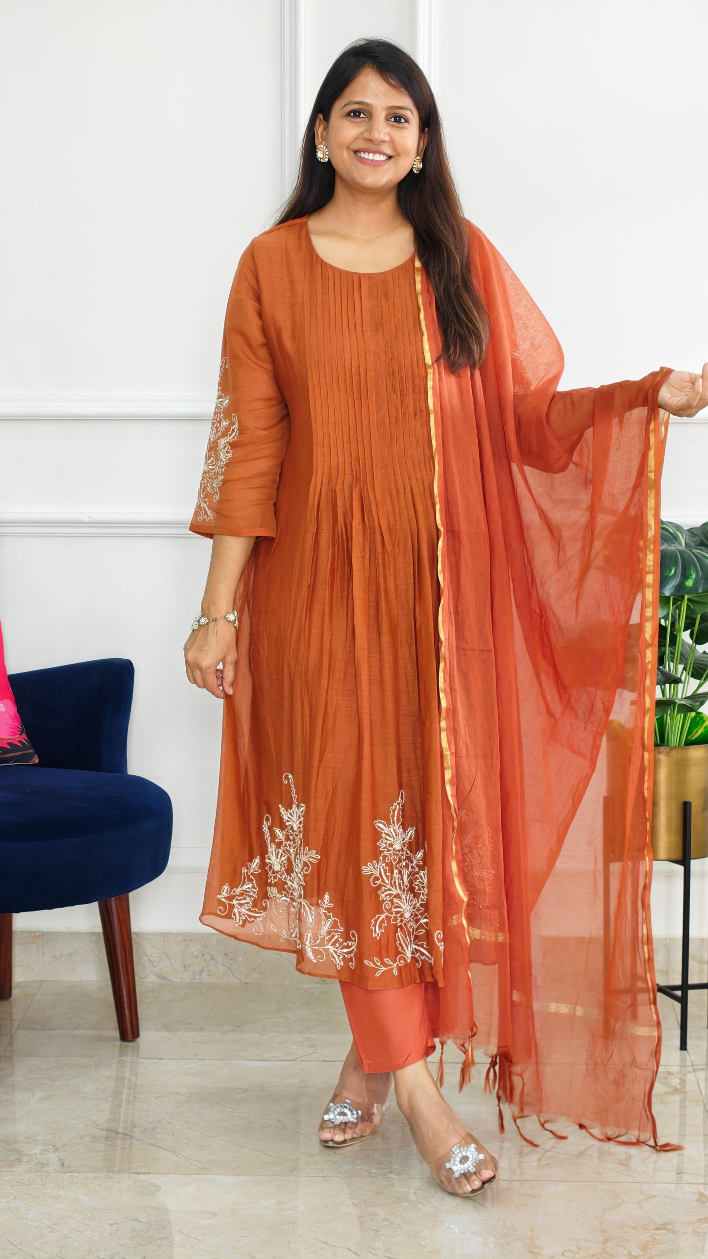 Rust Mul Chanderi Suit Set